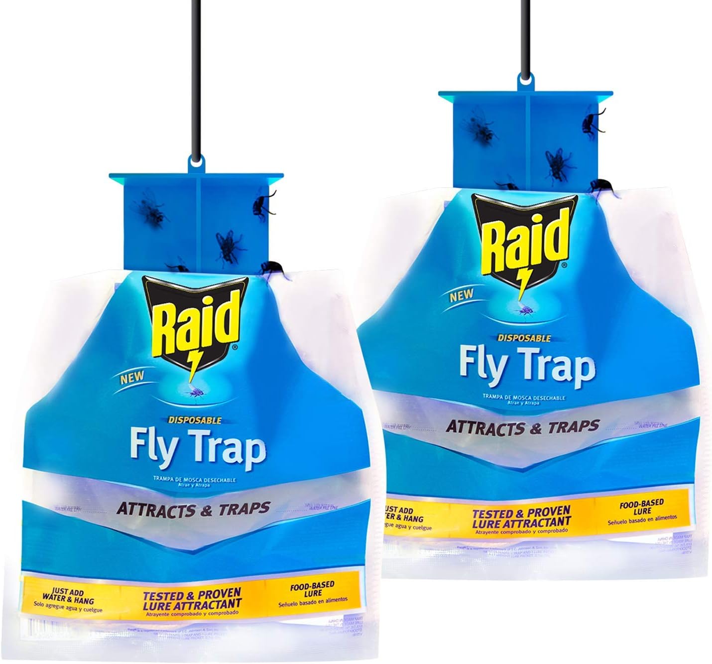 Raid Fly Trap (2-Pack), Outdoor Fly Trap, Disposable Fly Trap Bag, House Fly Trap with Food-Based Attractant, Hanging Fly Bag, 2 Home Fly Trap Bags, Outside Fly Control for Home, Hanging Fly Bait Bags