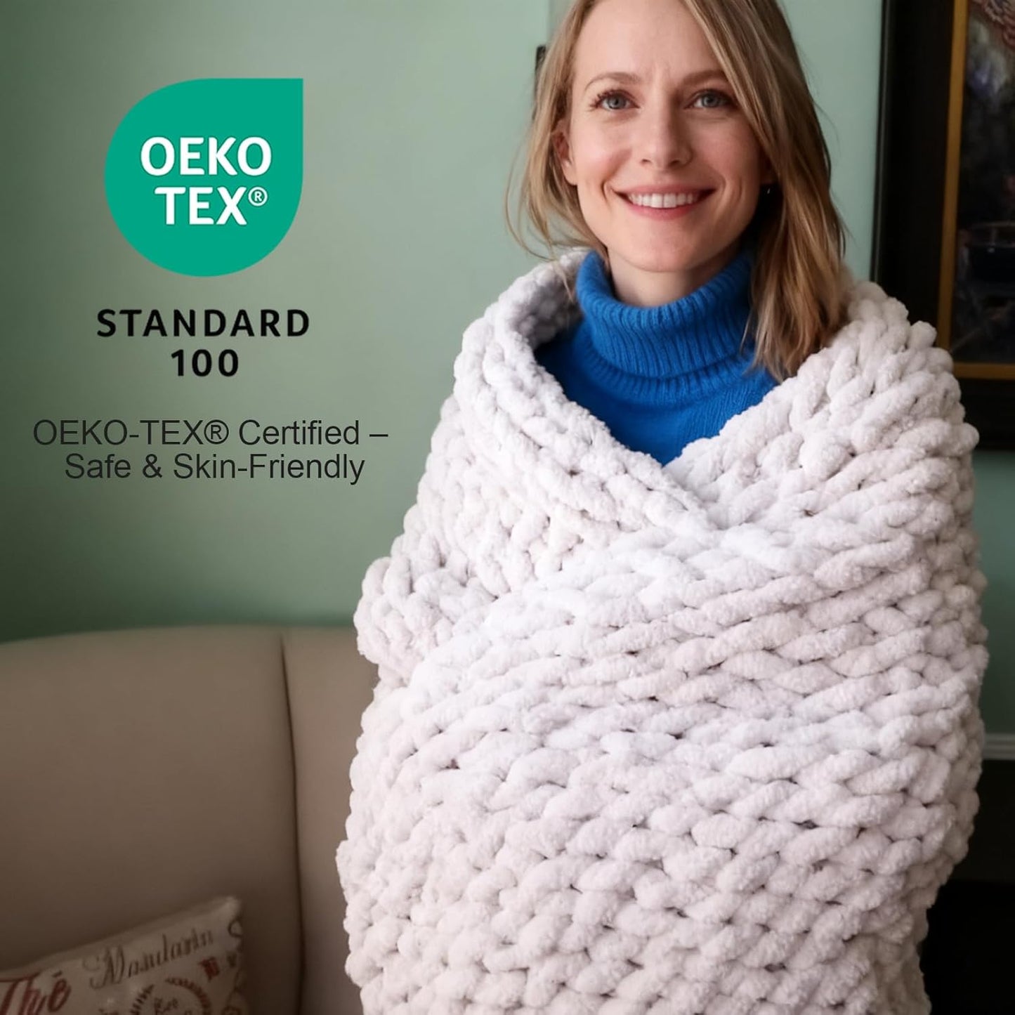 Luxury Super Chunky Knit Throw Blanket, Handmade Chenille Cable Knit Crochet Blanket 50x60, Soft Thick Chunky Yarn Knit Throw for Couch & Bed, No Shedding, Ivory/Cream Home Decor Gift