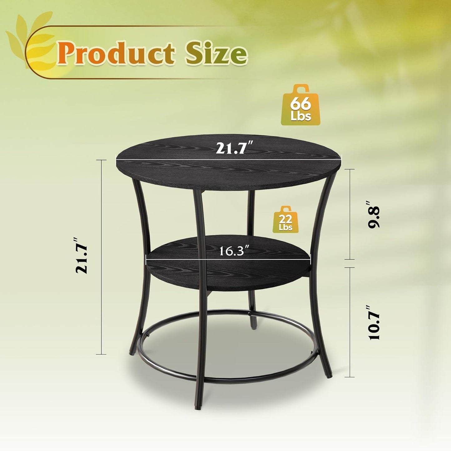 WLIVE Side Table, Round End Table with 2 Storage Shelves for Living Room, Bedroom, Nightstand with Steel Frame for Small Spaces, Accent Coffee Table, Black