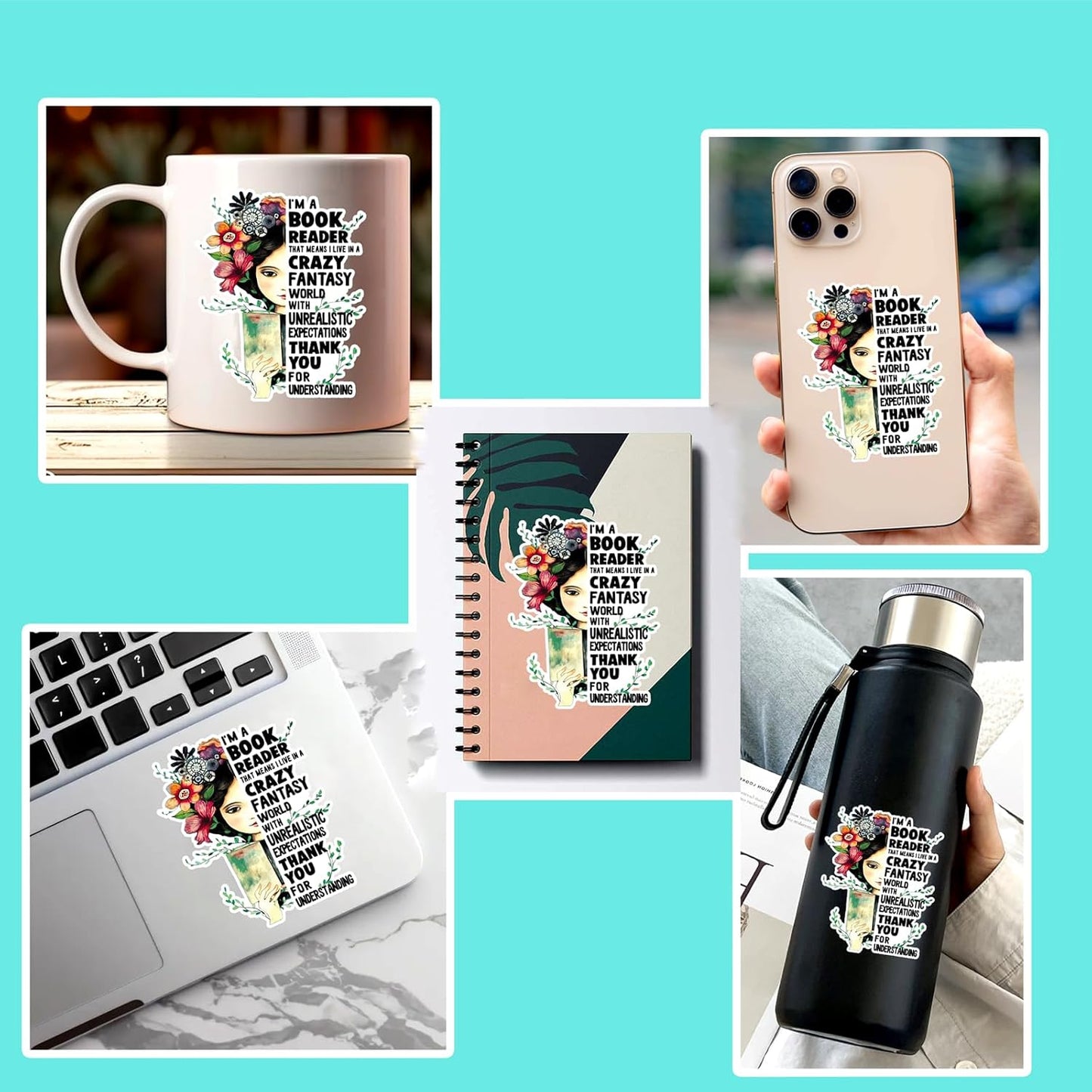 (3Pcs) I'm A Book Reader Sticker Girl and Flower Sticker Decal Waterproof Vinyl Stickers Adult for Laptop Kindle Car Tumbler Water Bottle Mug Phone Notebook Helmet - Size 3”x2,5”