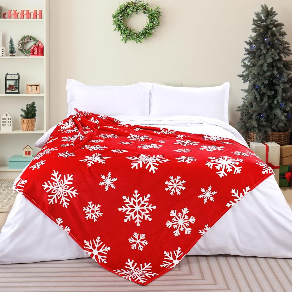 Christmas Red Throw Blanket White Snowflake Throw Blanket Xmas Winter Holiday Cozy Fuzzy Plush Throw Blankets Super Soft Lightweight Throw Blankets for Women Men 50" X 60"