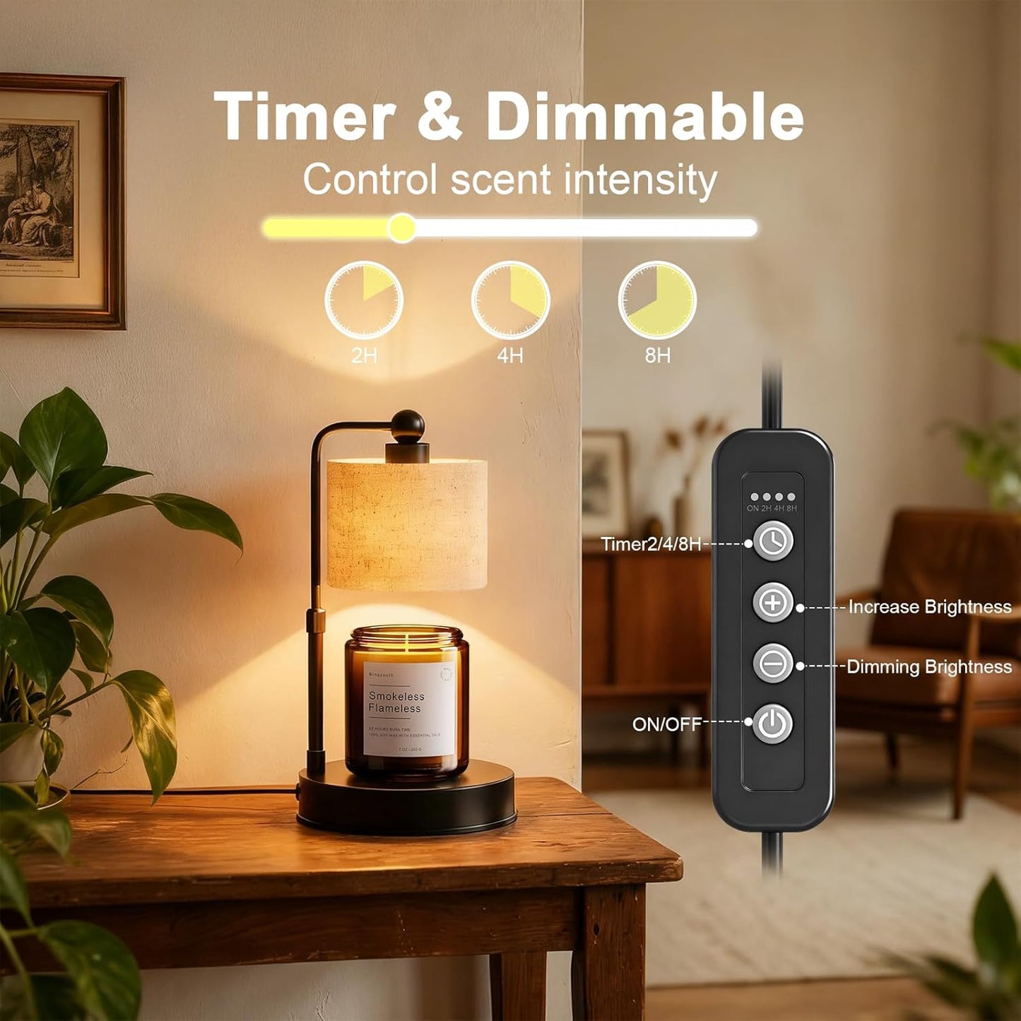 Candle Warmer Lamp with Timer, Modern Farmhouse Candle Warmer, Height Adjustable & Dimmable Electric Candle Warmer Lamp, Includes 2 Bulbs, Birthday Gift for Women, Mom, Housewarming