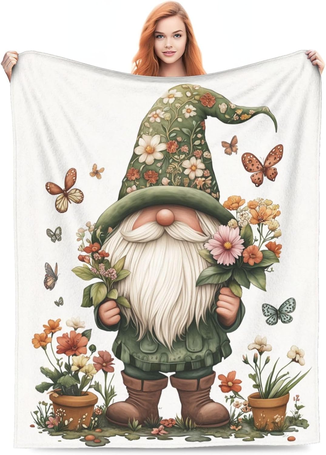 Gnome Flowers Blanket Floral Flannel Throw Blanket Lightweight Soft Warm Cozy Travel Blanket for Bed Couch Sofa Living Room Bedroom Gift for Women Men Girls Boys All Season 60"x50"