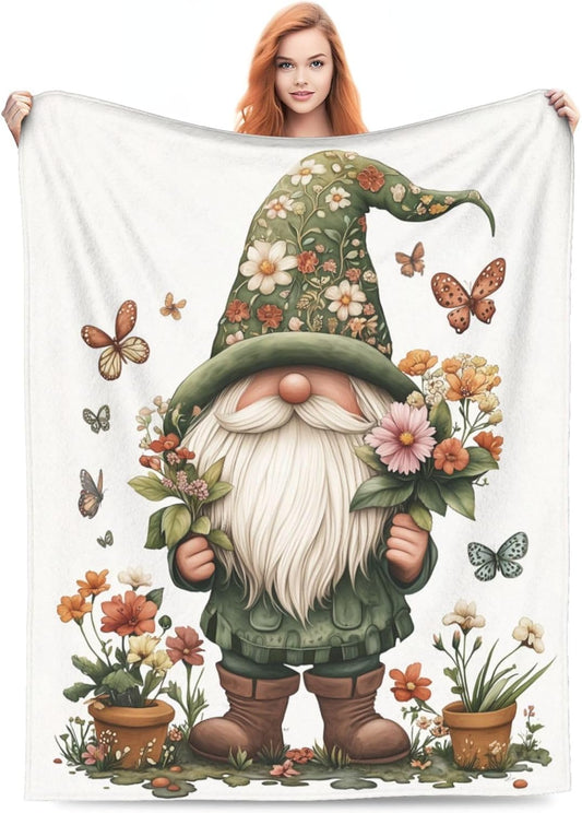 Gnome Flowers Blanket Floral Flannel Throw Blanket Lightweight Soft Warm Cozy Travel Blanket for Bed Couch Sofa Living Room Bedroom Gift for Women Men Girls Boys All Season 60"x50"