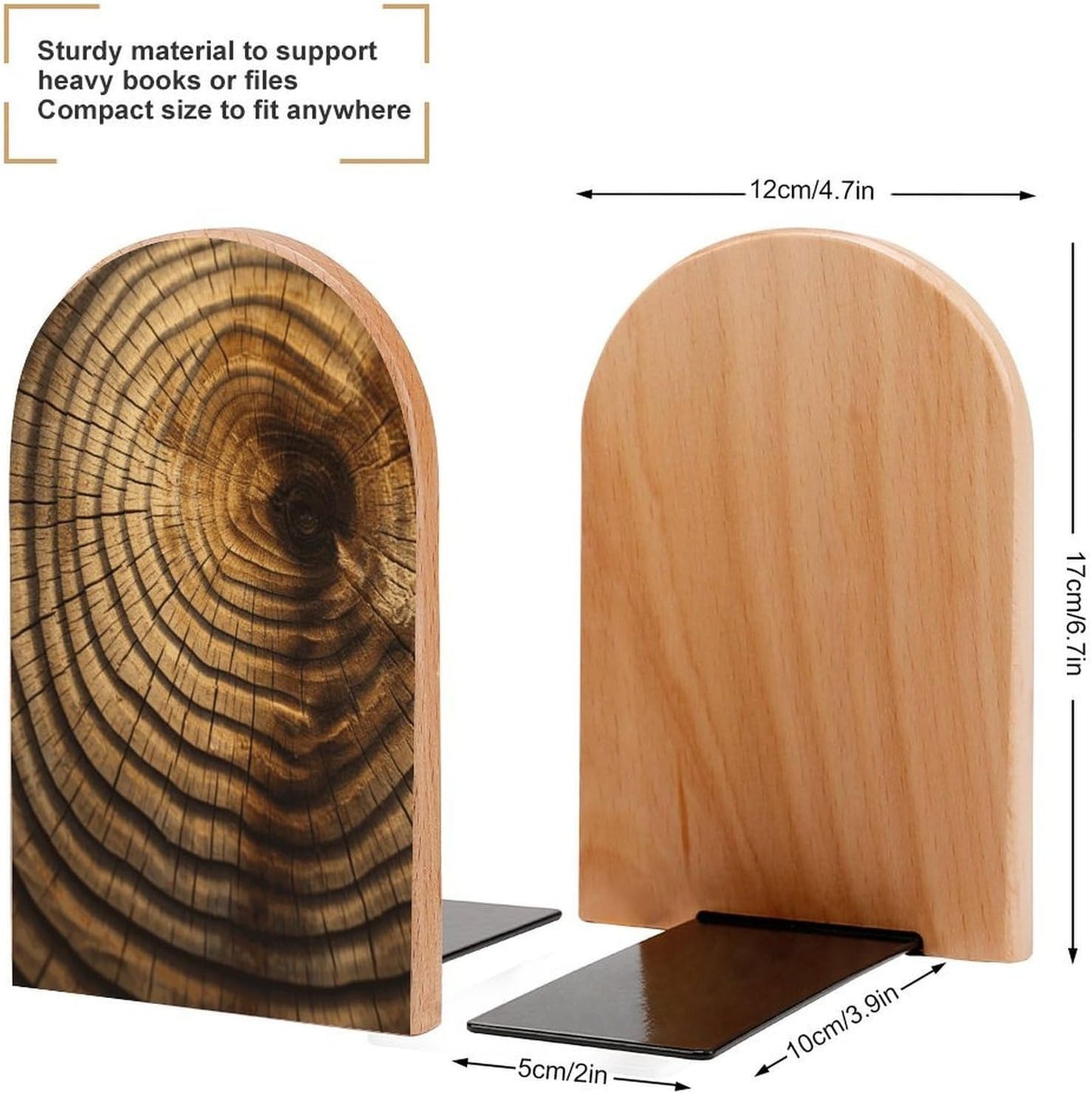 Tree Rings Wooden Bookend Non-Slip Book Ends Heavy Duty Book Stopper with Metal Base Books Holderd Decorative Bookends Stands Firmly for Office Supplies