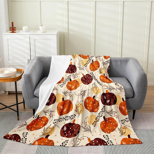 Erosebridal Fall Harvest Pumpkin Flannel Blanket Rustic Countryside Style Fuzzy Plush Throw Autumn Cabin Farmhouse Fleece Blanket for Kids Boys Girls,Pumpkin Leaf Decor for Bed Couch Queen 90"x90"