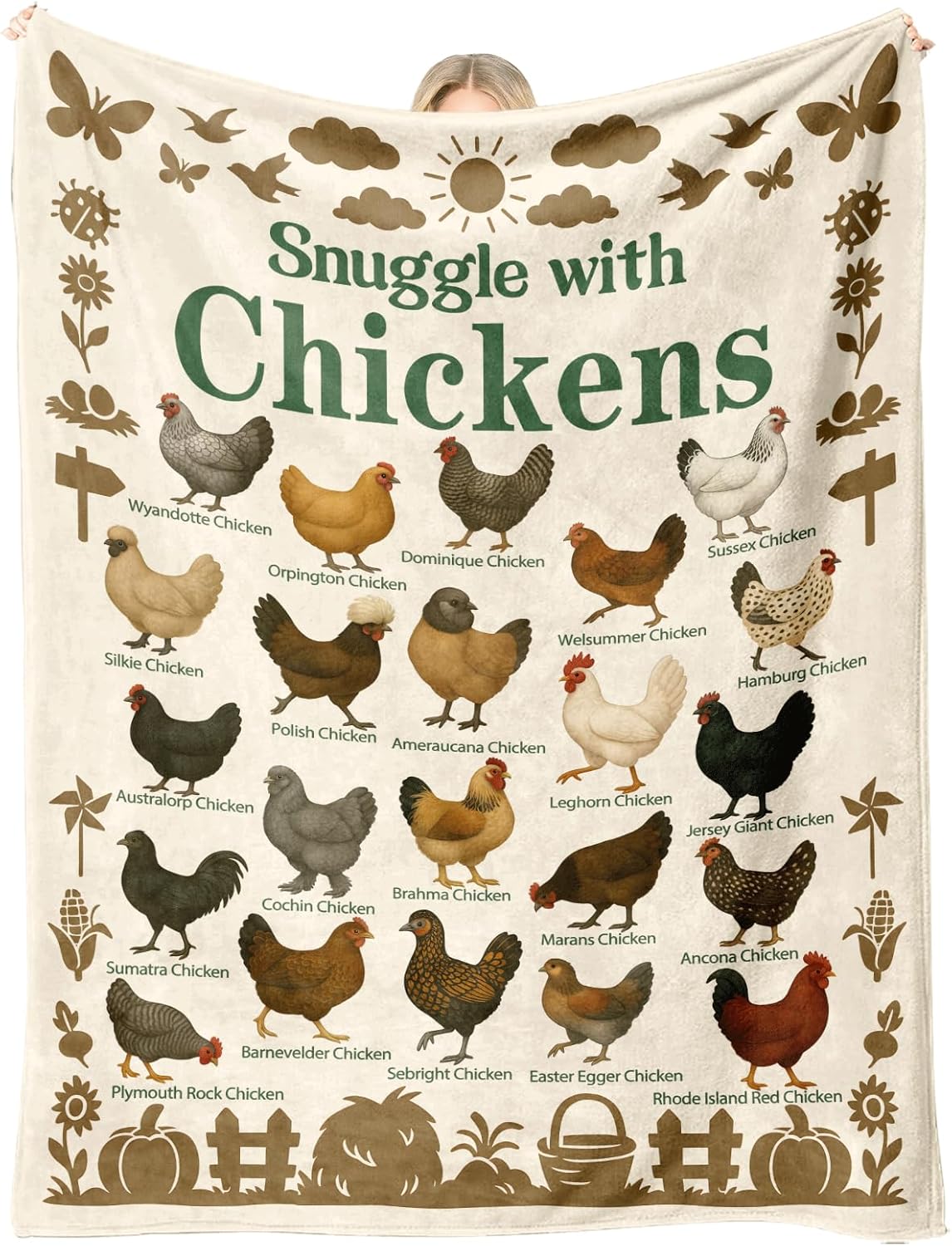 Snuggle with Chickens Throw Blanket 50 x 60 Inch, Chicken Breeds Chart Educational Farmhouse Decor, Cozy Poultry Lover Gift Birthday Christmas Housewarming (Chicken)