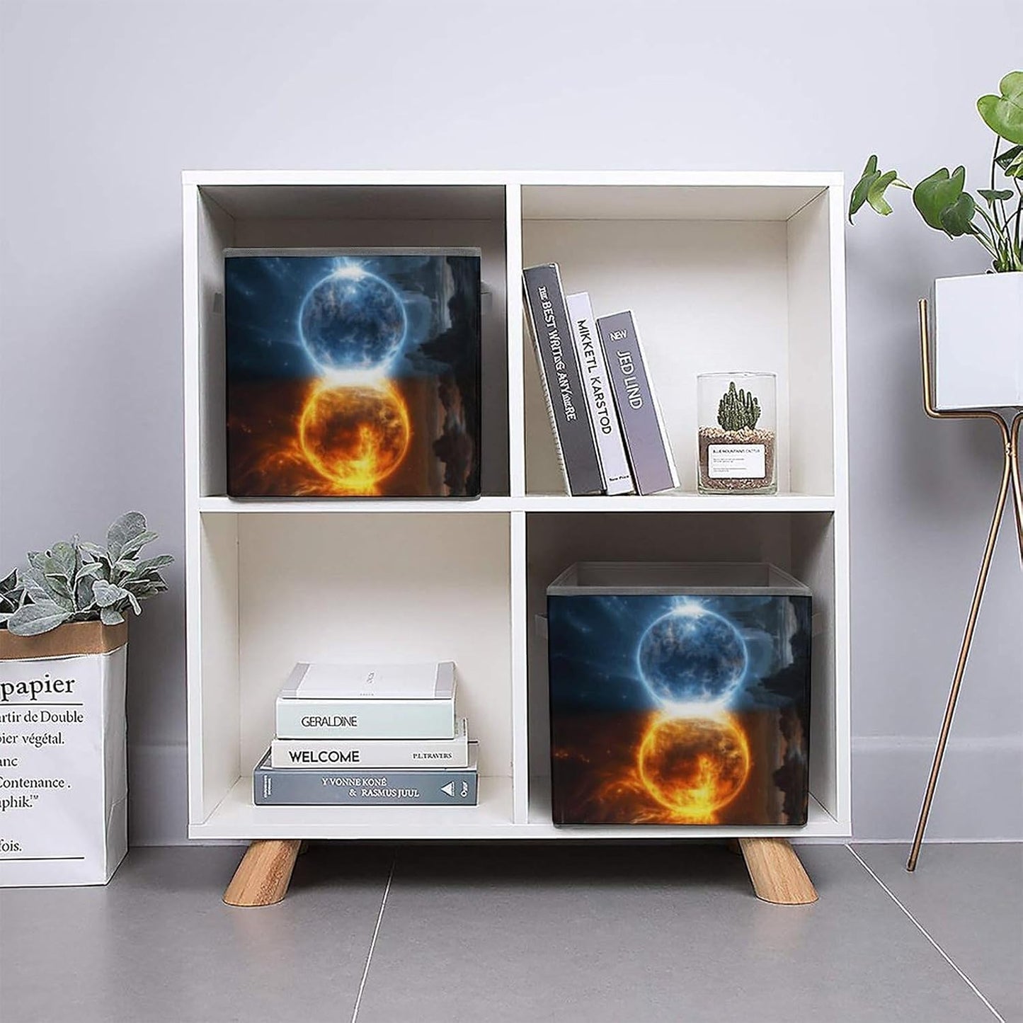 Fire And Water Planets Storage Bins with Handles Fashion Large Storage Cubes Sturdy Foldable Storage Boxes Space-Saving Storage Baskets for Home Office Clothes Closet Organizers