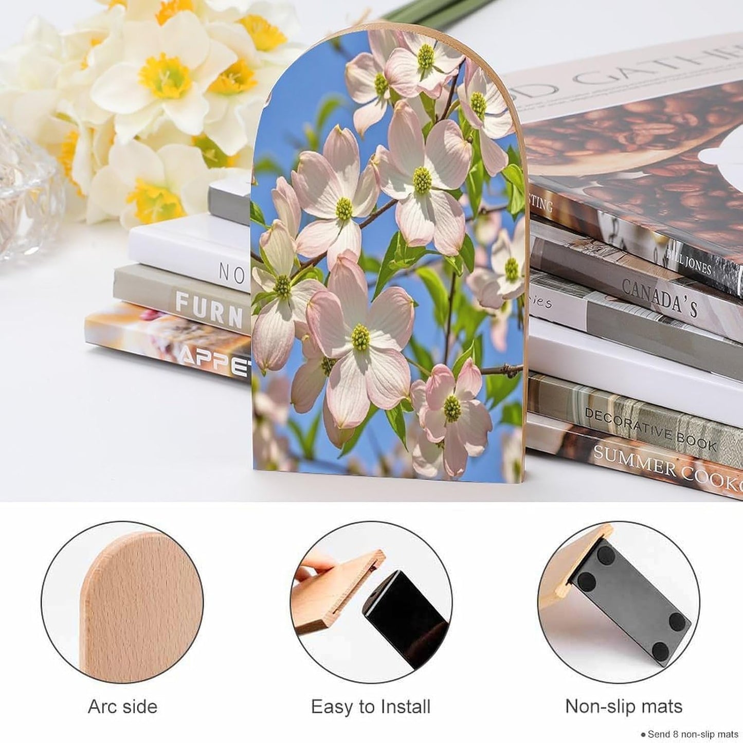 Spring Dogwood Blossoms Bookends 1 Pair Heavy Duty Book Ends for Shelves Non-Skid Bookend Supports Wooden Book Holders with Metal Base Desk Organizers Books Storage to Hold Books