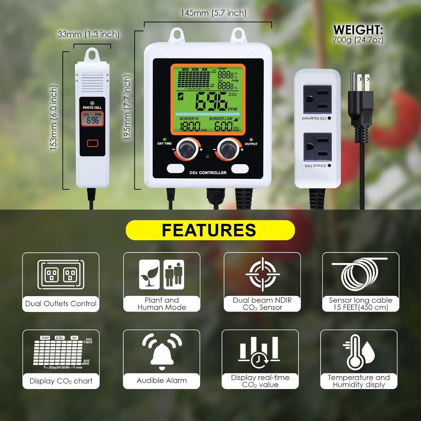 CO2 Controller Dual Outlets Carbon Dioxide Controller for Grow Room, Two Smart Plugs Automatically Control Regulators and Fans, NDIR Sensor and Display CO2 Chart, Temp, RH