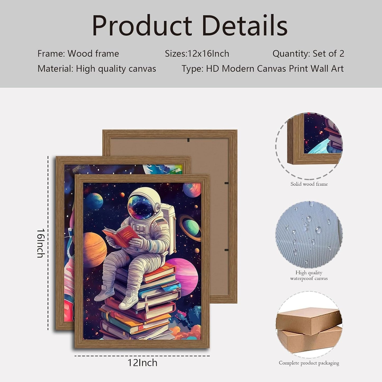 2Pcs Framed wooden Funny Cat Wall Art Astronaut Posters for Kids, Whimsical Cat In Space Canvas Printing Poster for Room Aesthetic, Colorful Kids and Nursery Art 12x16in