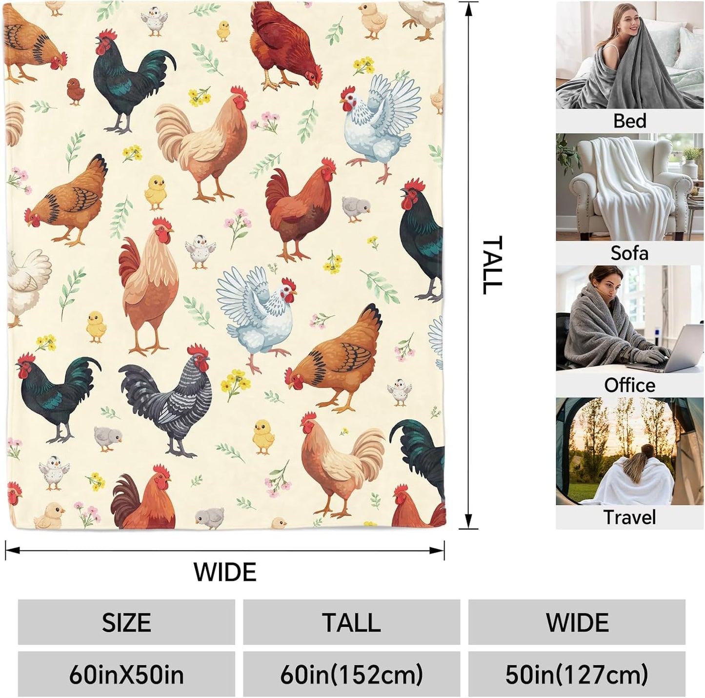 Cute Chicken Printed Blanket Present Chicken Soft Flannel Lightweight Throw Blanket for Kids Girls Boys Women Men Funny Colorful Rooster Blankets for Sofa Couch Bed Decor (50"x60")