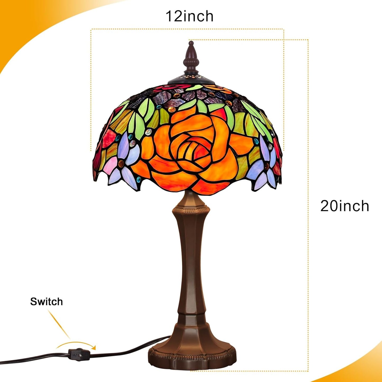 Capulina Tiffany Lamp Stained Glass Table Lamp,12X12X20 Inches Red Rose Tiffany Style Desk Reading Lamp for Living Room Bedroom Study Home Office