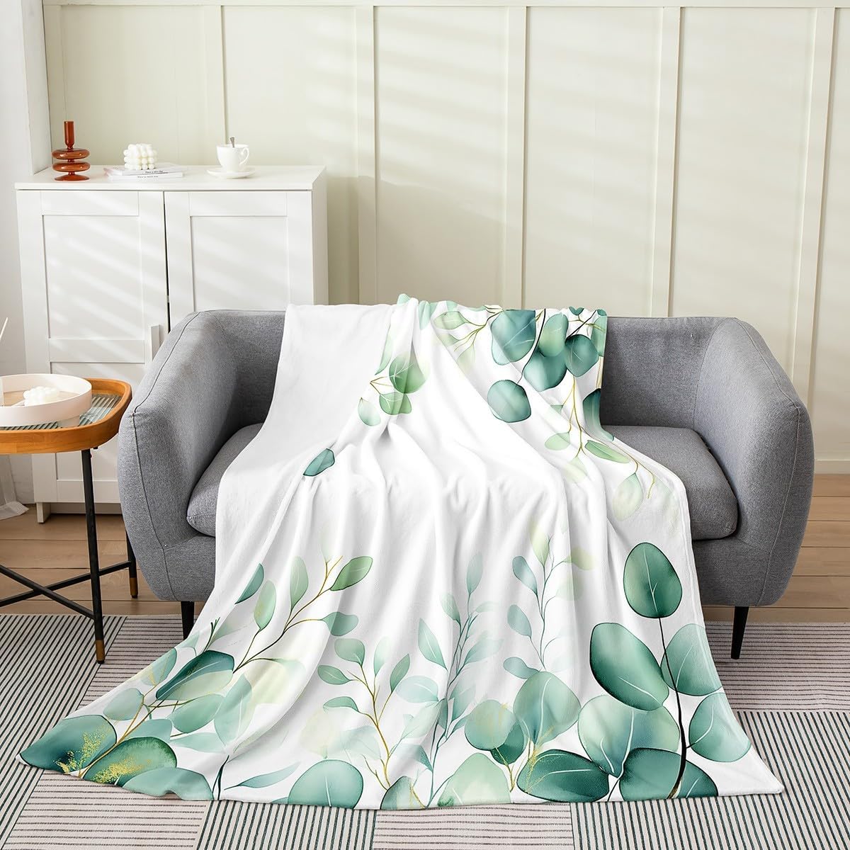 Erosebridal Green Leaves Throw Blanket,Modern Watercolor Botanical Fleece Blanket 40X50,Minimalist Style Blanket for Kids Girls Boys,Nature Fuzzy Blanket Soft Microfiber Bedroom Decor