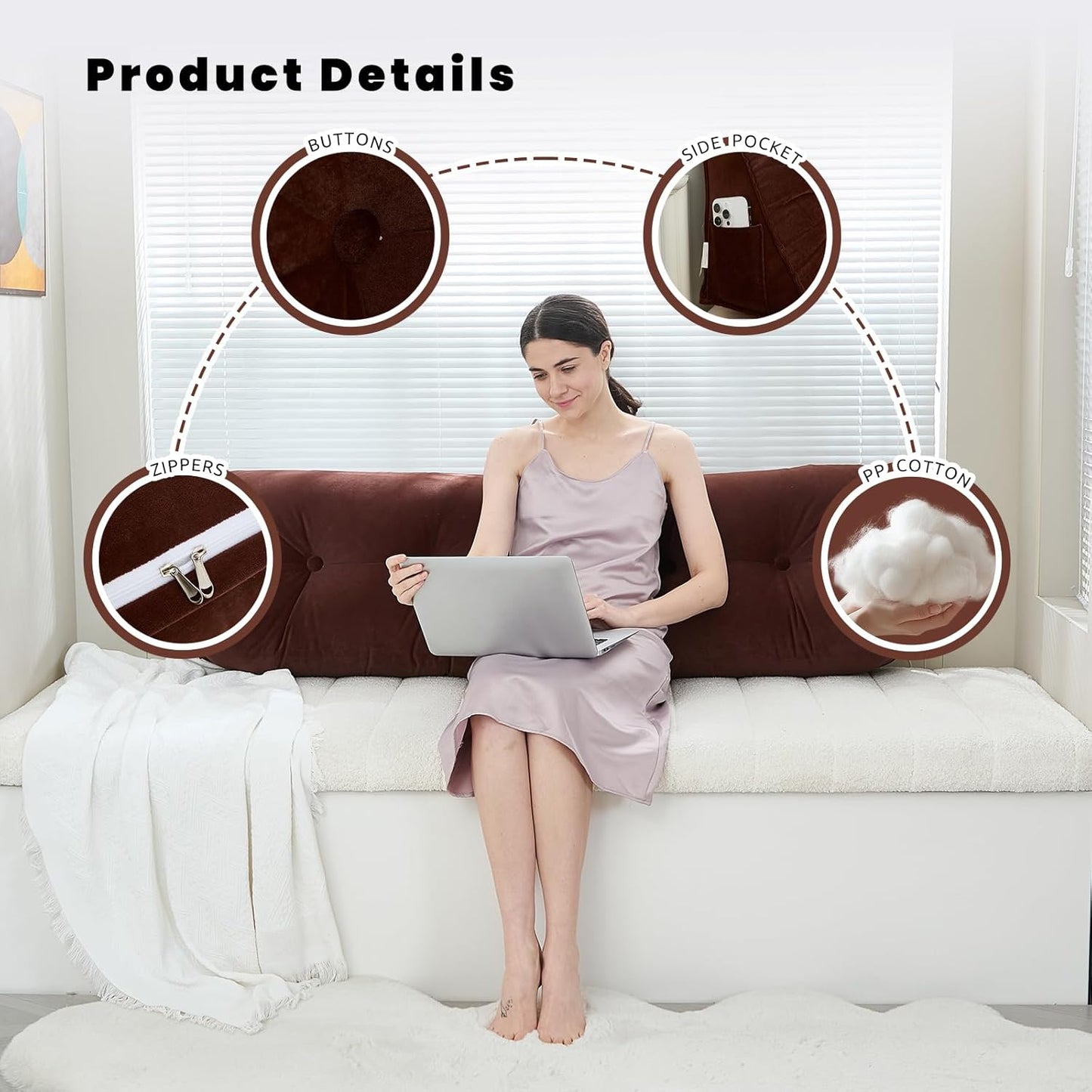 Headboard Pillow for Bed,Triangular Wedge Pillow Headboard Soft Support While Reading and Resting,Bed Bolster Cushion Headboard with Removable Cover,Coffee Brown,Twin (39"x8"x20")