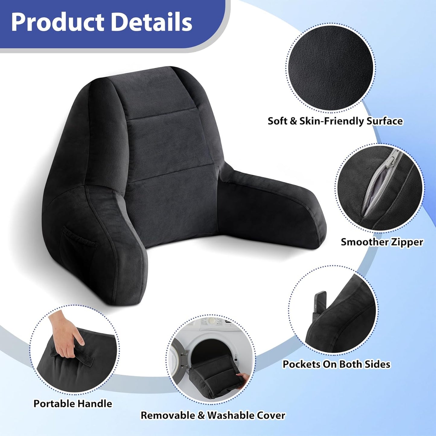 Reading Pillows for Sitting in Bed Adult, Back Pillow for Bed Sitting Up, Backrest Pillows with Shredded Foam for Adult&Teens, Support Pillow with Arms for Beds, Couch, Floor, 24in, Black