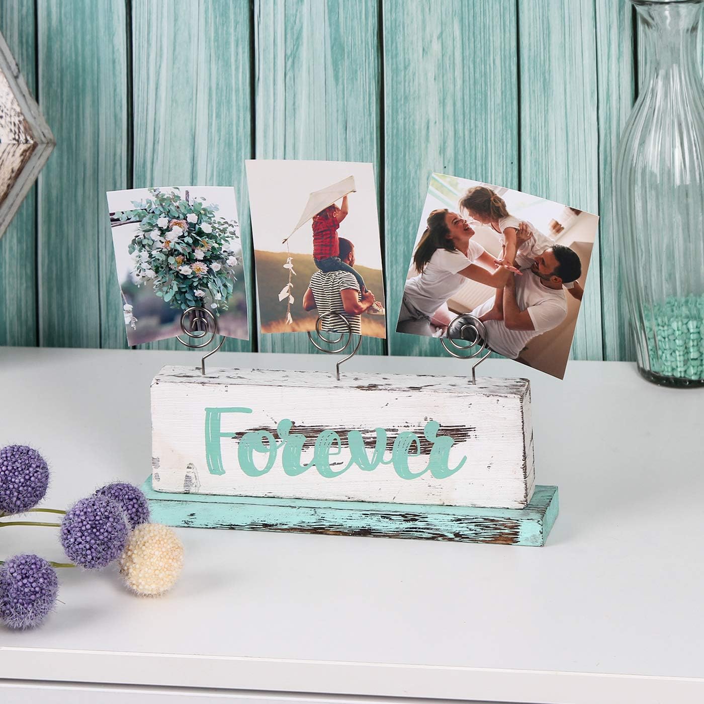 JACKCUBE Design Multi-Photo Display Boho Tabletop Decor Wooden Double Side Memos, Cards, Gallery Display Block with 3 Wire Clips, Desktop Freestanding Polaroid Picture Frame Decoration- MK678A