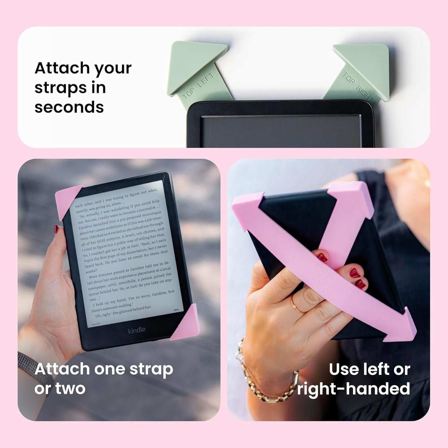 Strapsicle Silicone Hand Strap – Kindle & Paperwhite (6”) Gen 7–10, 6” Kobos – Medium – 2-Pack – Sage Green – Comfy Alternative to Case or Cover