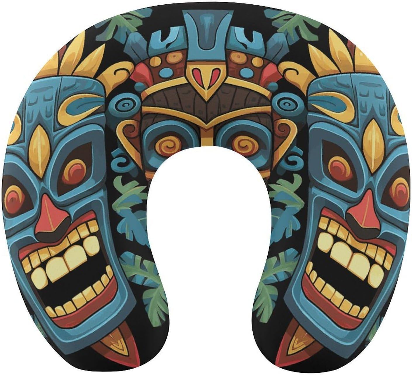 Colorful Tiki Mask Pattern Neck Pillow Memory Foam U Shaped Pillows Portable Pillows for Shoulder Travel Head Support Pillow with Concealed Zipper for Airplane Car Home Office