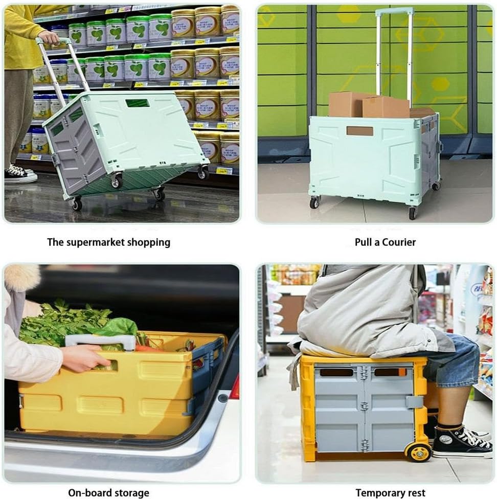 JSEIAJB Foldable Cart on Wheels for Shopping Portable Heavy Duty Folding Box Grocery Basket Rolling Trolley Crate with Wheels(E)