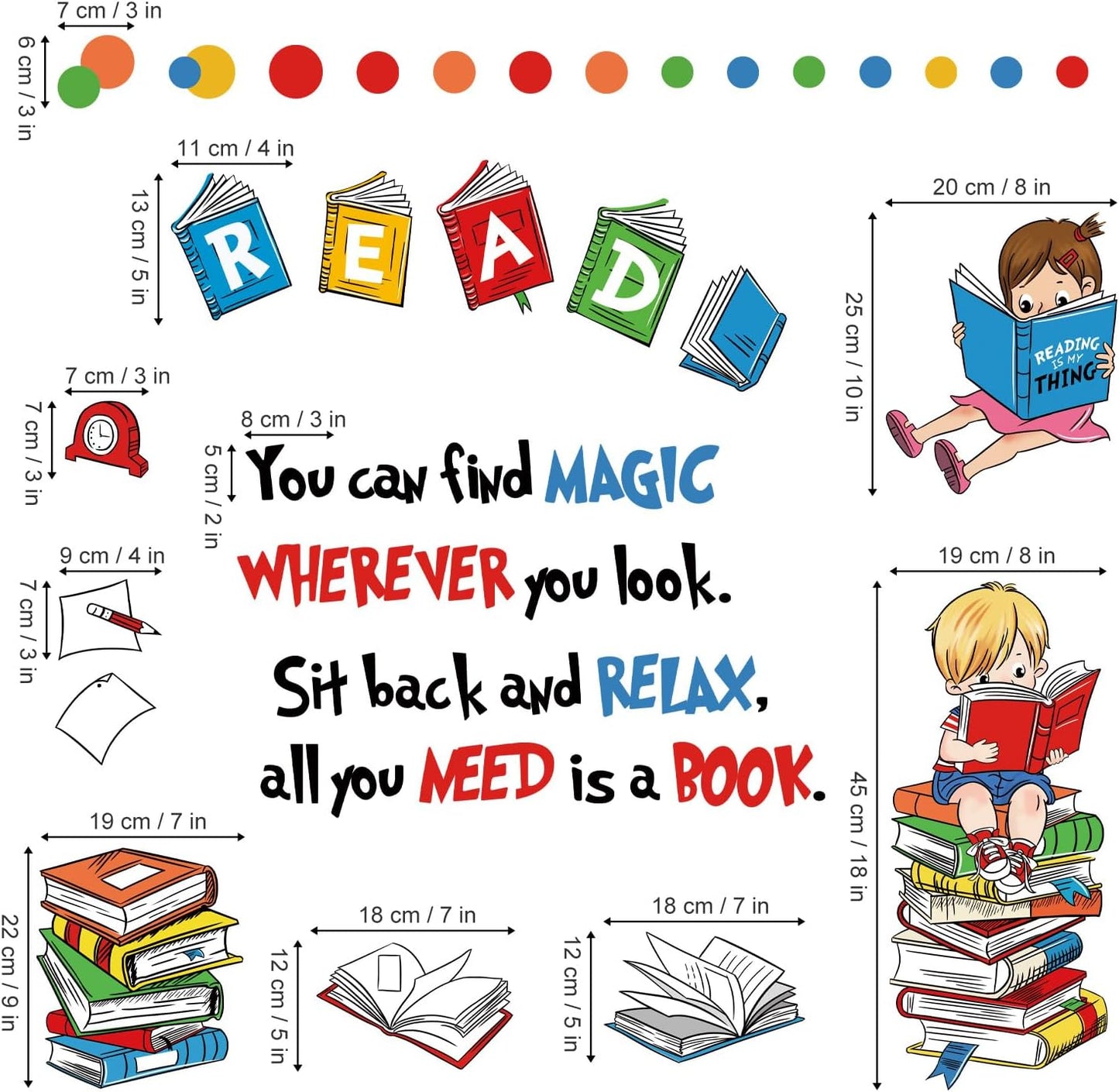 decalmile Reading Books Wall Decals Inspirational Quotes Polka Dots Wall Stickers Kids Room Classroom School Library Wall Decor
