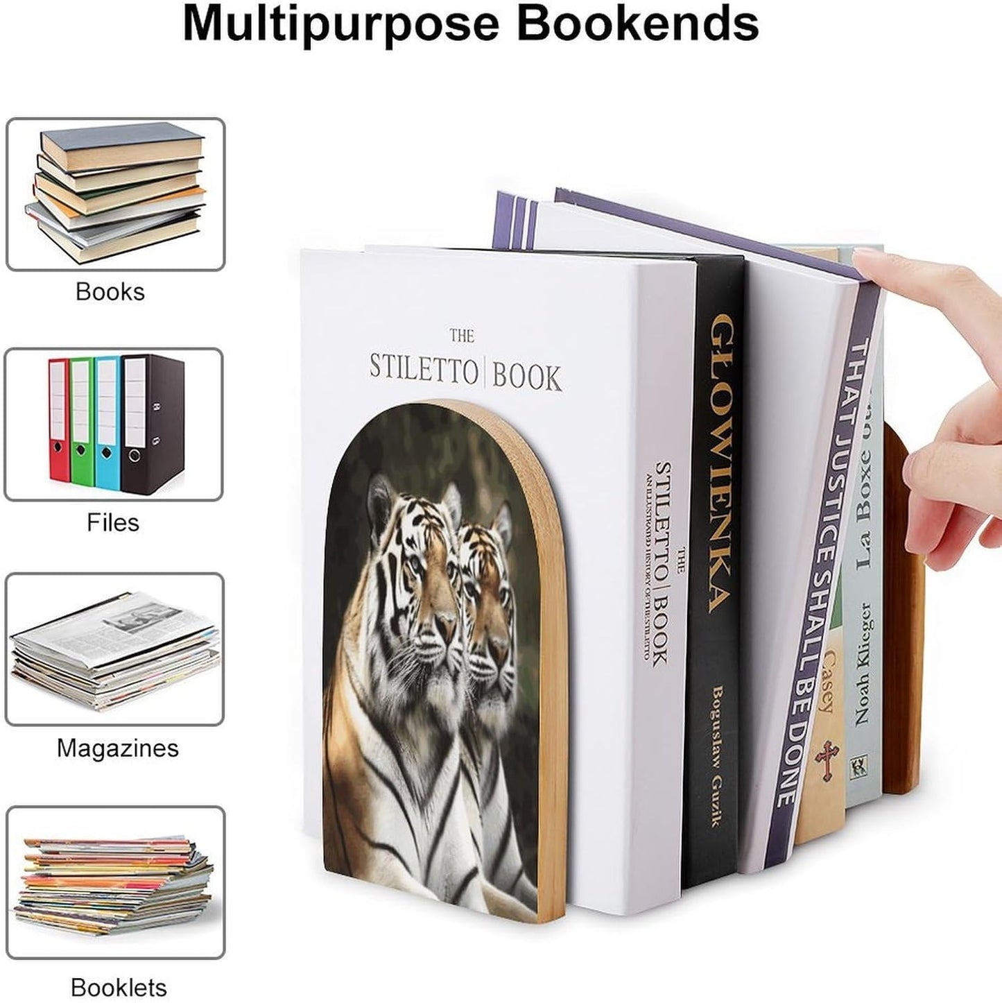 Majestic Tiger Bookend for Shelves Wooden Book End Large Size Sturdy Book Holders Stoppers with Metal Base for Bookshelves Slick Decorative Bookends Stands
