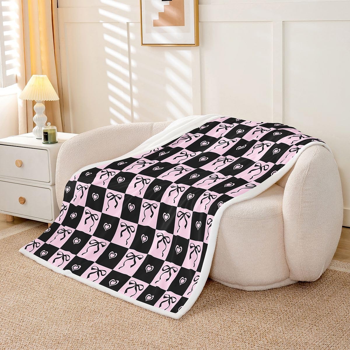 Feelyou Cute Bow Sherpa Throw Blanket for Couch Pink Plaid Checkered Super Soft Cozy Fleece Pink Black Blanket for Winter, Plush Throw Twin 60"x80" All Season