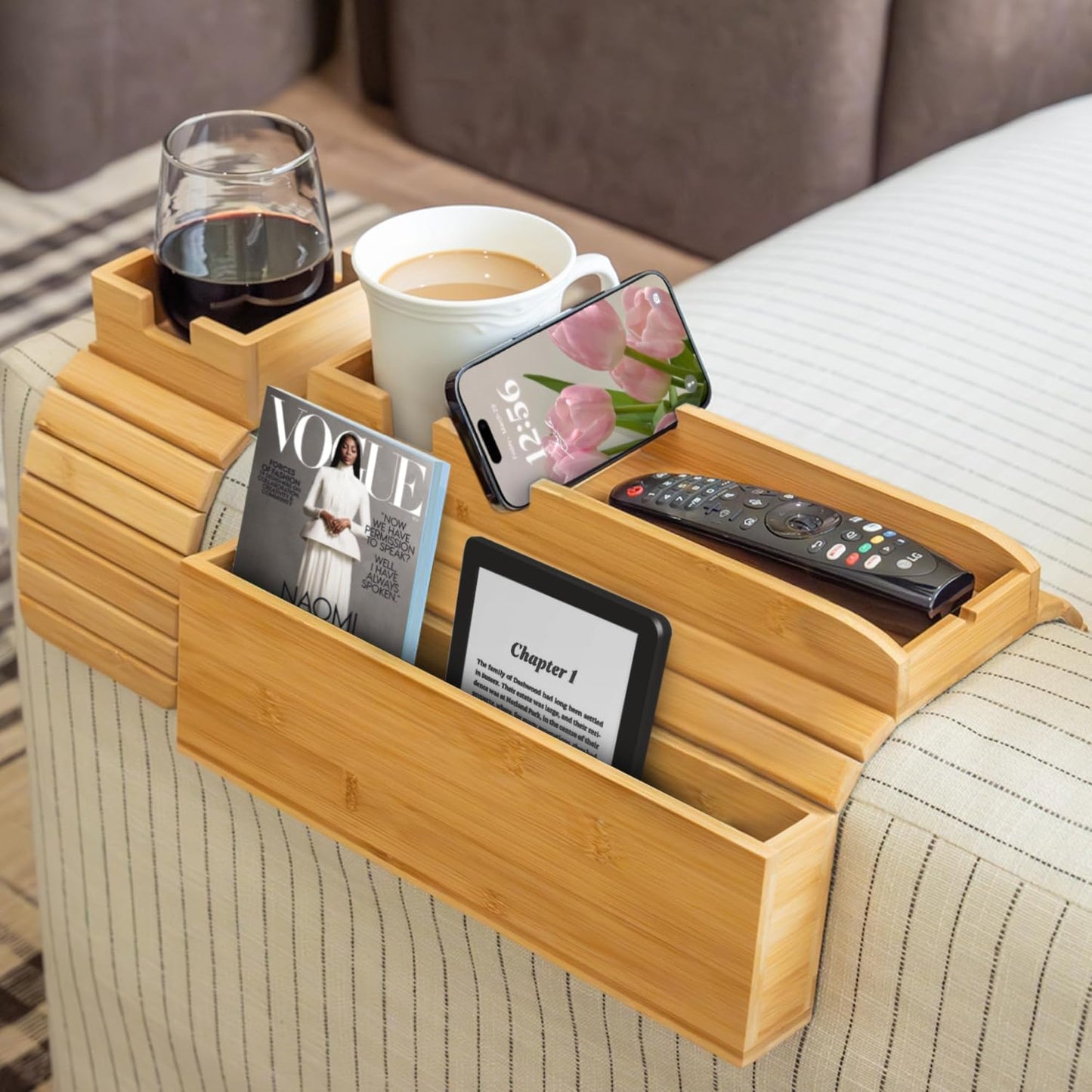 Bamboo Couch Arm Set – 1 Large with Side Pocket + 1 Small – Sofa Cup Holder for Remote & Phone – Non-Slip Fit for Armrests 4.5"–8.5" Wide