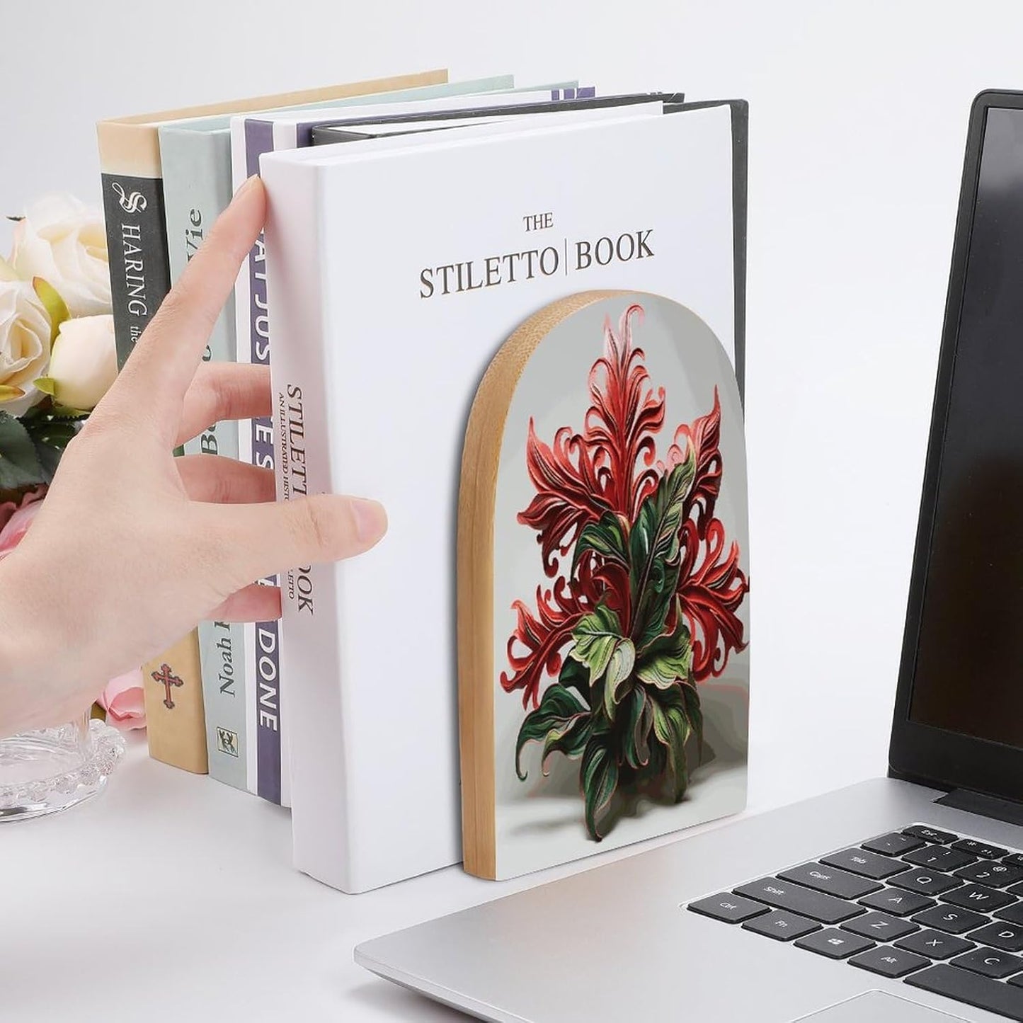 Red and Green Flowers Wooden Bookend Non-Slip Book Ends Heavy Duty Book Stopper with Metal Base Books Holderd Decorative Bookends Stands Firmly for Office Supplies