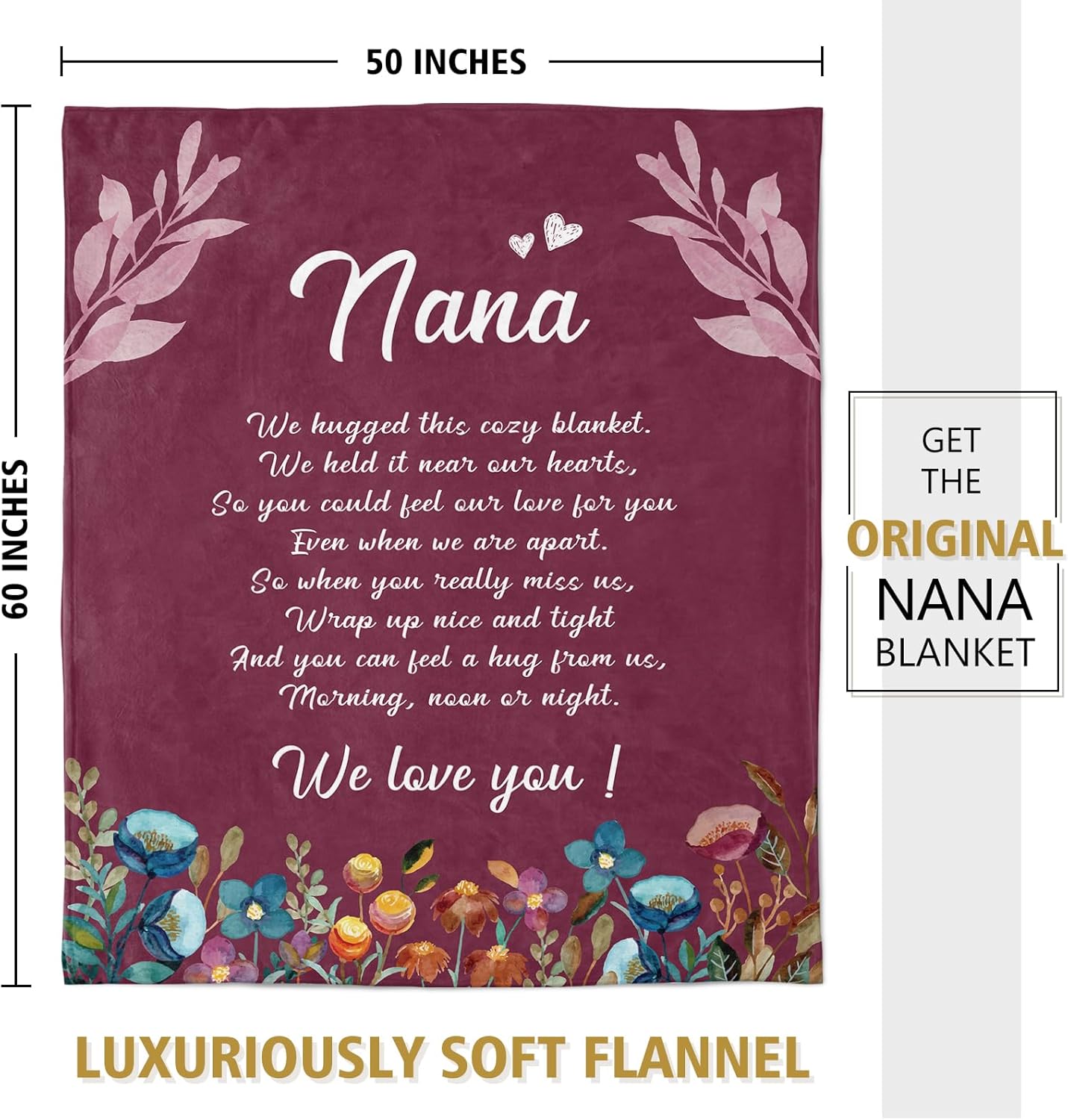 Afterprints Nana Gifts, Blanket with Flowers & Letter Print, Gifts for Nana on Birthday, for Nana from Grandkids, Soft Throw Blankets 50" x 60"