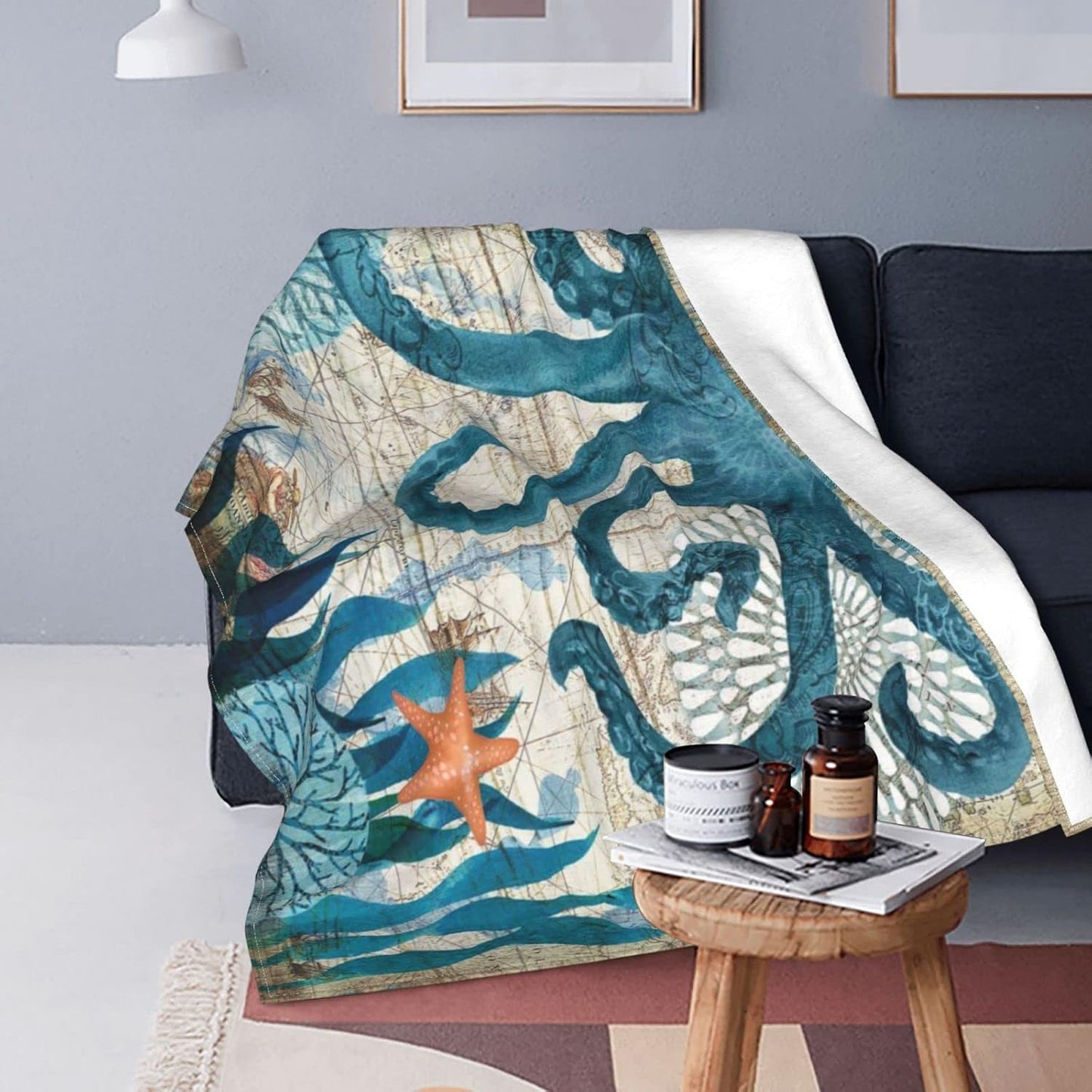 Blue Octopus Nautical Map Fleece Throw Blanket Ultra Soft Cozy Decorative Flannel Blanket All Season for Home Bed Couch Chair Travel 80x60in