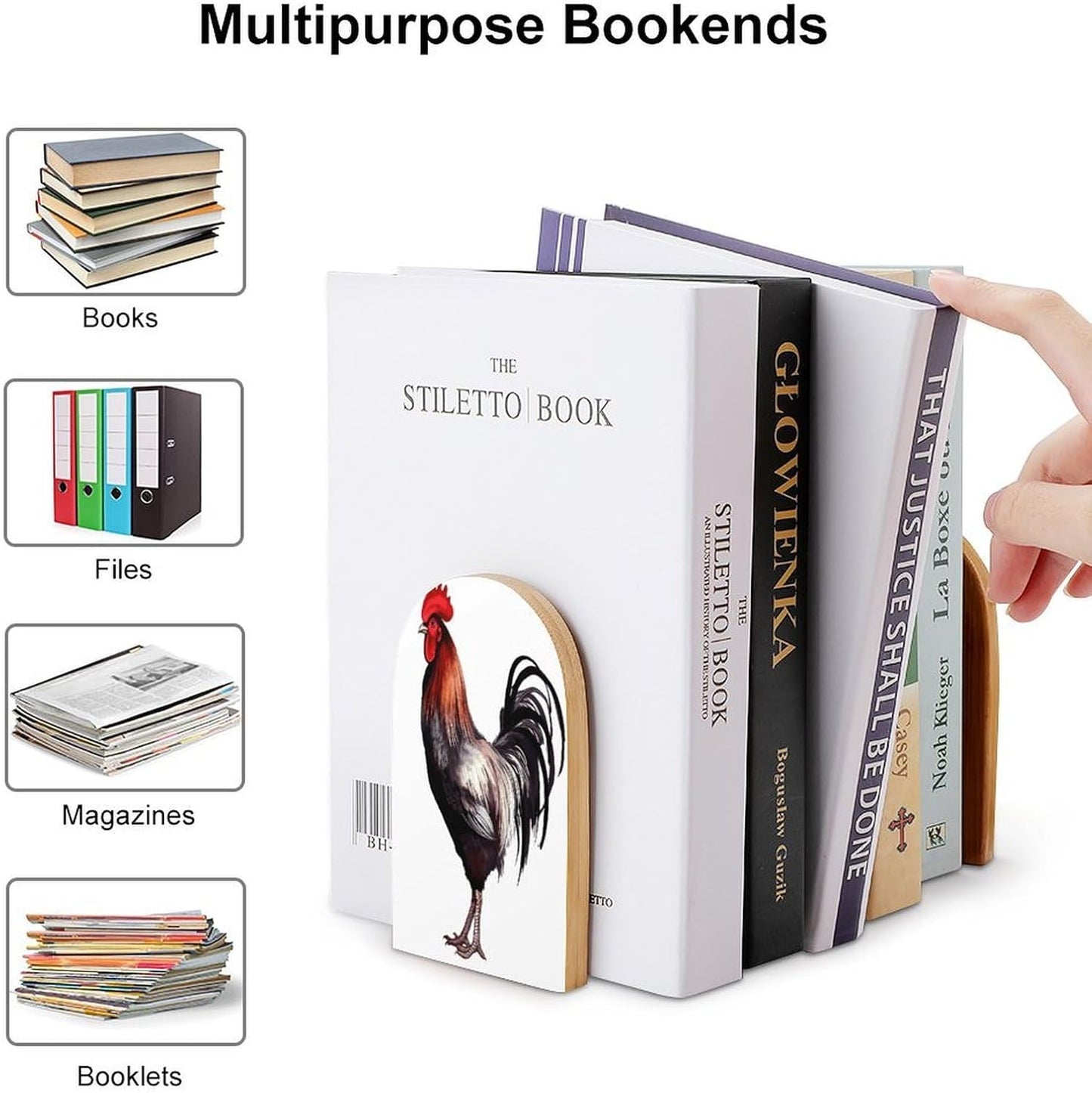 Rooster Bookends 1 Pair Heavy Duty Book Ends for Shelves Non-Skid Bookend Supports Wooden Book Holders with Metal Base Desk Organizers Books Storage to Hold Books