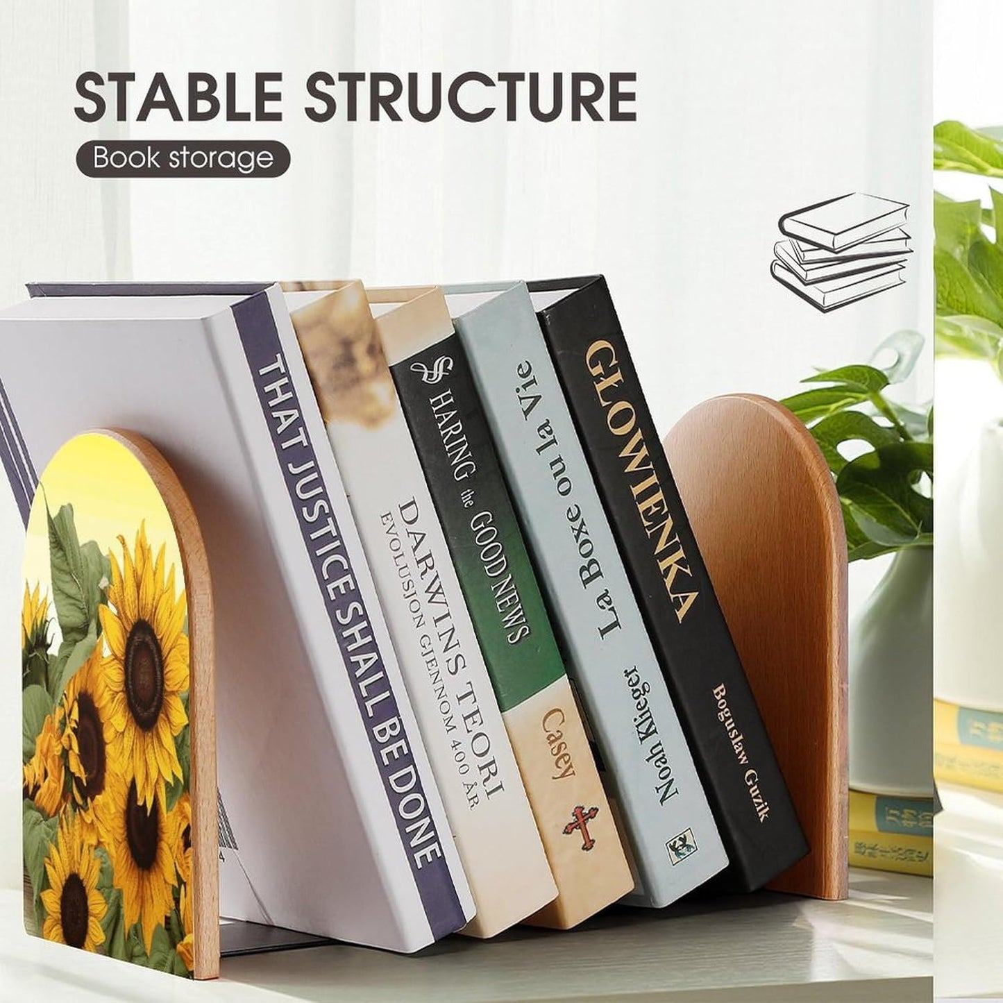 Sunflowers Floral Bookend for Shelves Wooden Book End Large Size Sturdy Book Holders Stoppers with Metal Base for Bookshelves Slick Decorative Bookends Stands