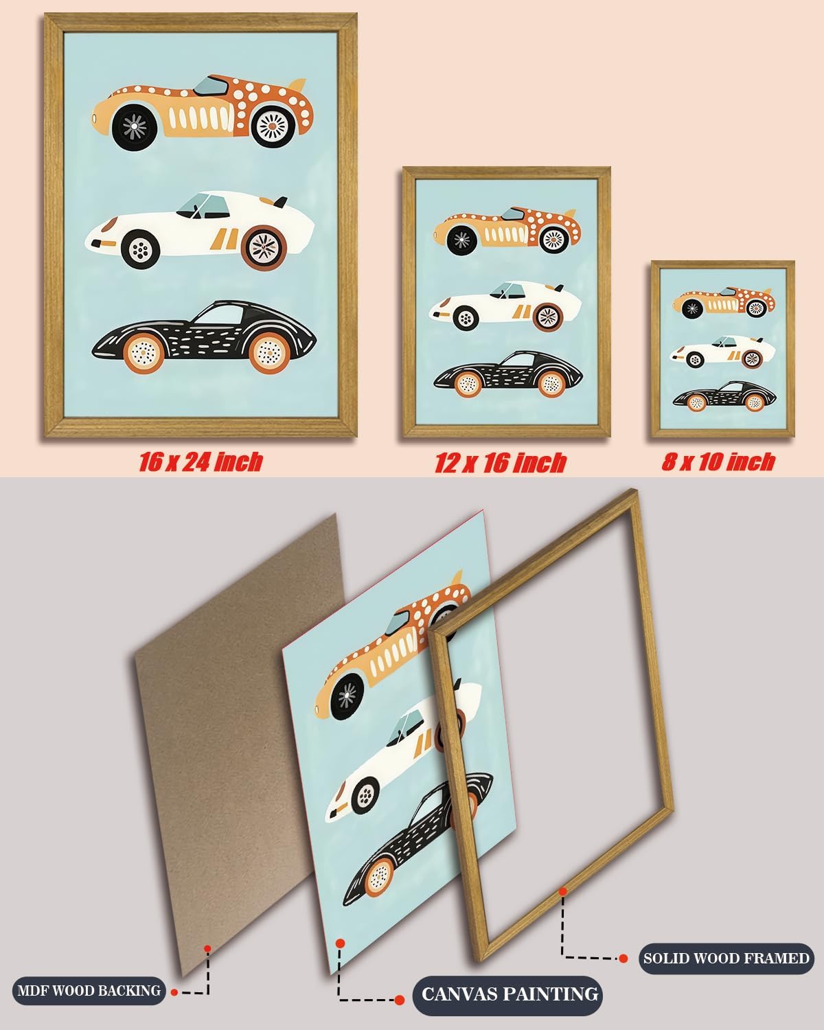 Wood Framed Car Wall Art, Vintage Race Car Canvas Print Poster, Baby Boy Nursery Wall Decor, Cute Car Themed Room Decoration, for Boys Kids Room Artwork 8x10 Inch