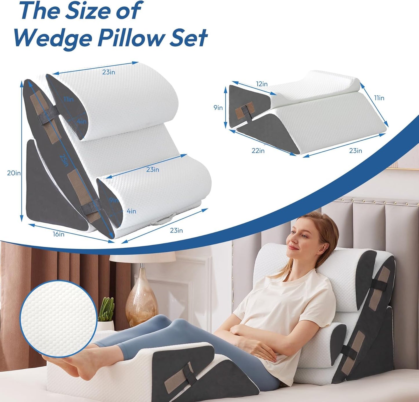 6PCS Wedge Pillow Set for After Surgery, Bed Wedge Pillow Post Surgery, Bed Pillows for Sitting Up, Sleeping, Acid Relux, Memory Foam Back Pillow, Beds Wedges & Body Positioners, White/Grey