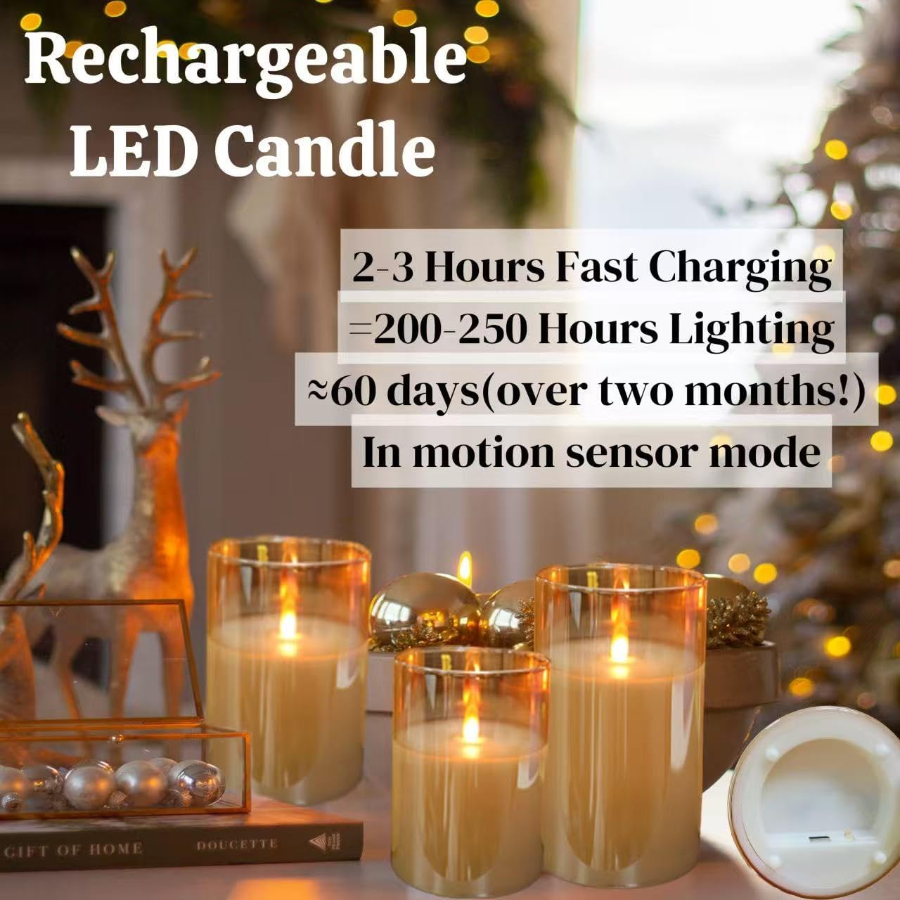 Flameless Candle Night Light, Motion Sensor Auto Switch On/Off, Rechargeable LED Glass Night Light with Remote Control and Timer Function, Ideal Kids Adults Nightlight for Bedroom, Bathroom, Hallway