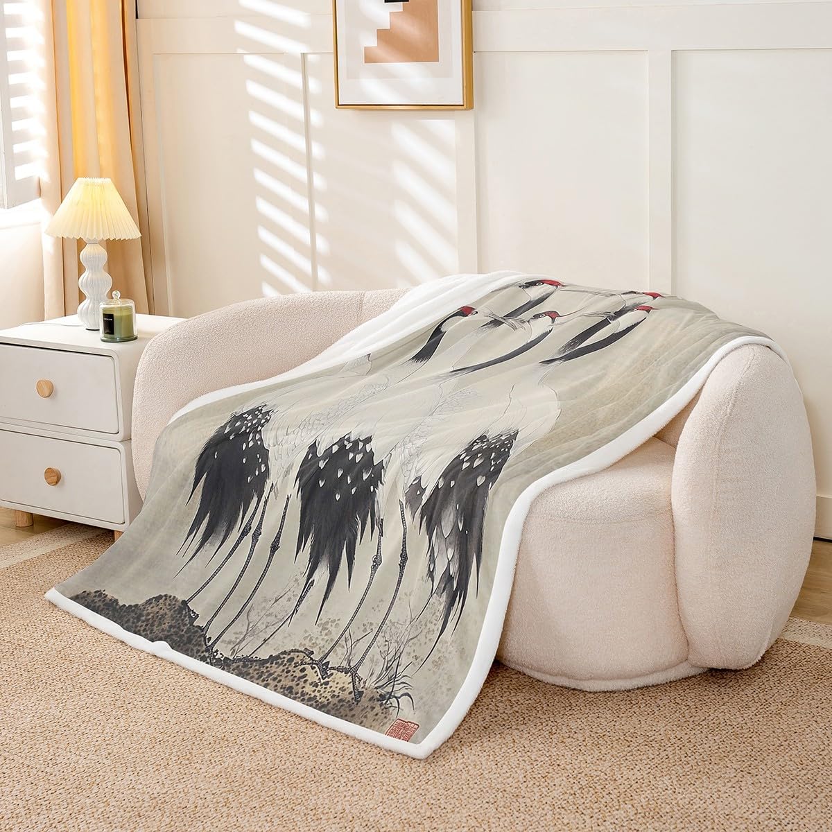 Feelyou Red-Crowned Crane Fleece Throw Blanket Throw 50"x60" Kids Chinese Style Sherpa Blanket for Boys Girls Teens Chinese Oriental Traditional Culture Plush Blanket Fuzzy Blanket Flannal Blanket
