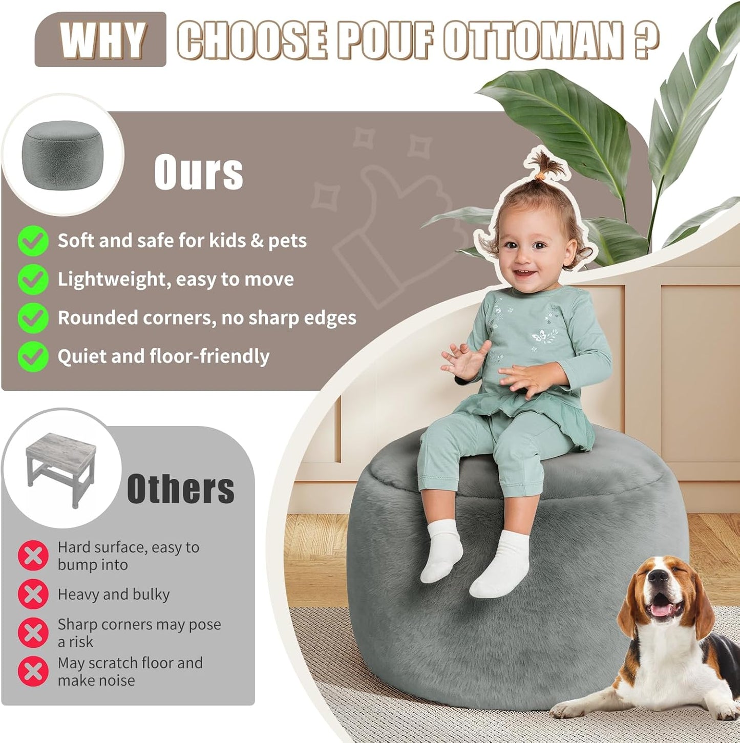 Round Stuffed Pouf Ottoman for Foot Rest, A Round Modern Foam Filled Poufs, Floor Chair for Living Room, Nursery, Dorm, A Soft Modern Foot Stool Perfect to Rest Your Feet (Grey, 20Inch)