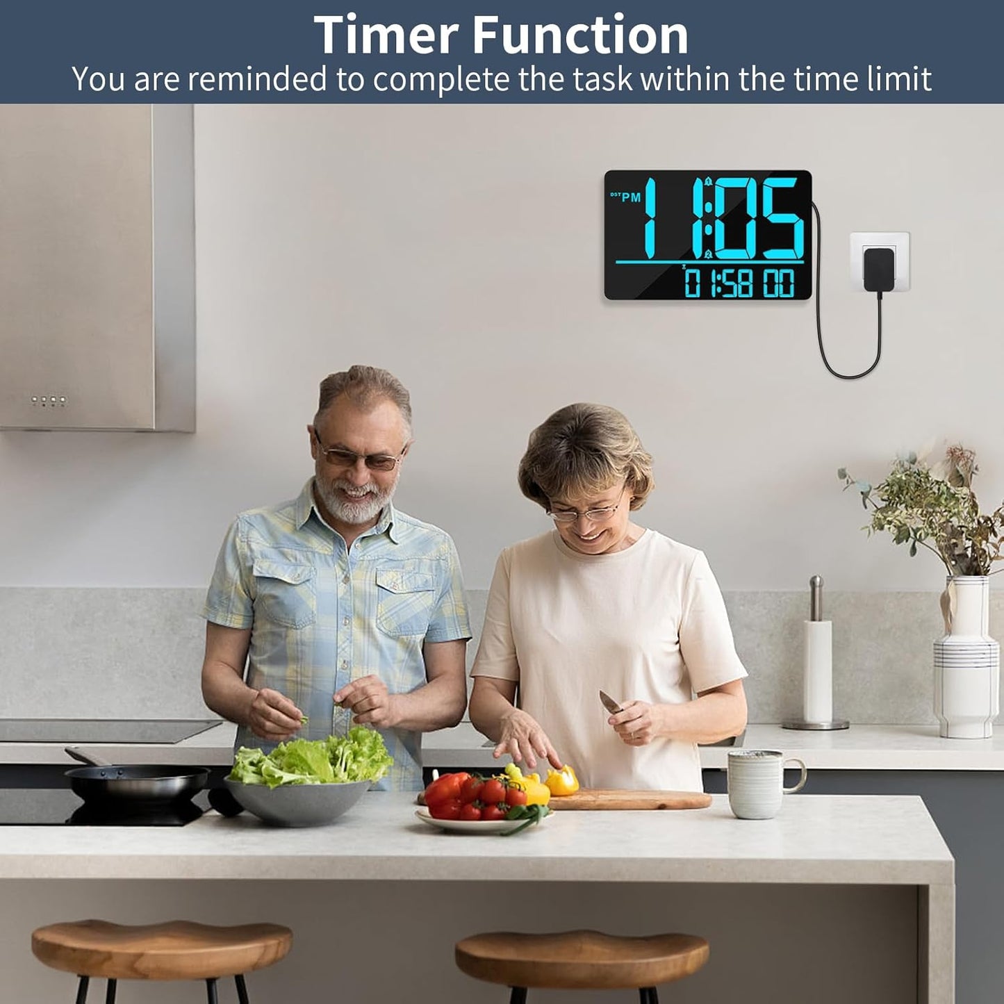 13" Digital Wall Clock Large Display with Remote, 25 Ringtones, Temperature, Calendar, 0-100% Auto or Custom Brightness, 12/24H, DST, Timer, for Living Room, Kitchen, Bedroom, Elderly（Blue）