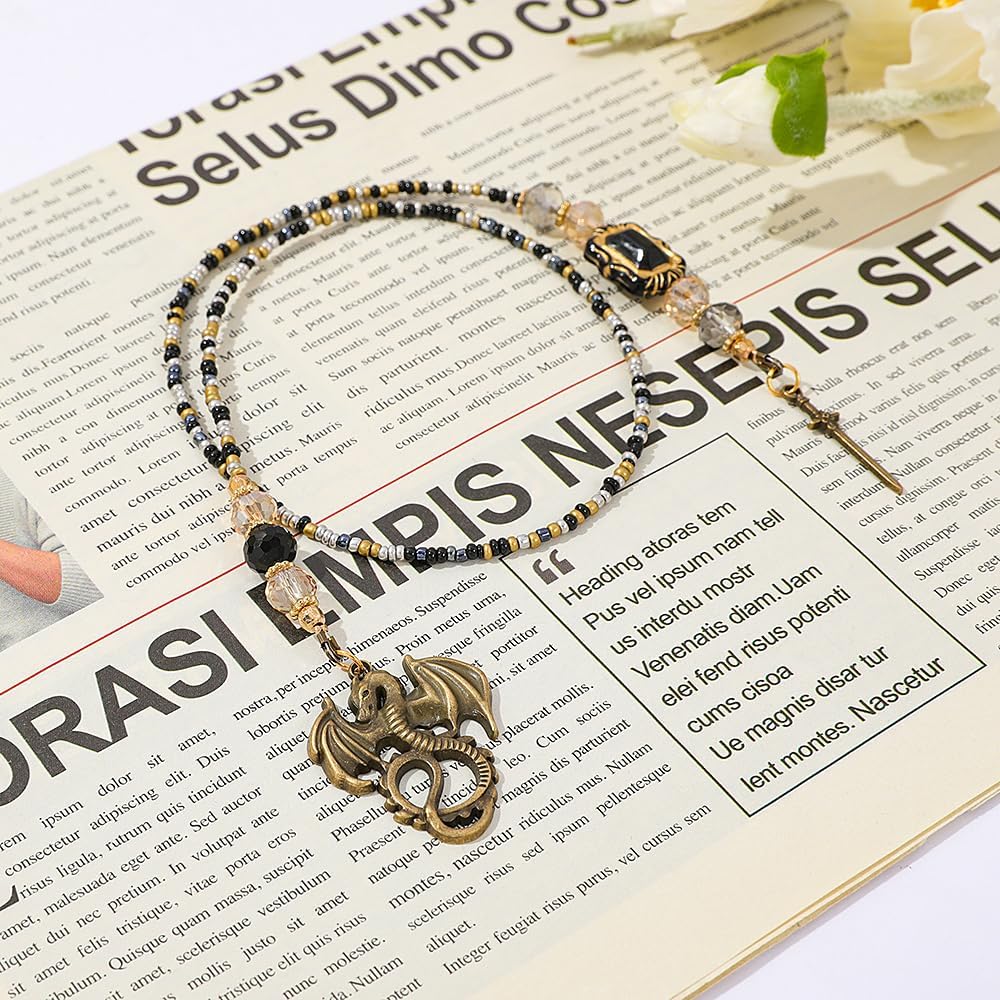 Fantasy Dragon Sword Bookmark - Crystal Beaded Bookmark Chain Mystical Aesthetic Dragon Charm Pendant Fourth Wing Dragon Book Lovers Book Gift Student School Supplies