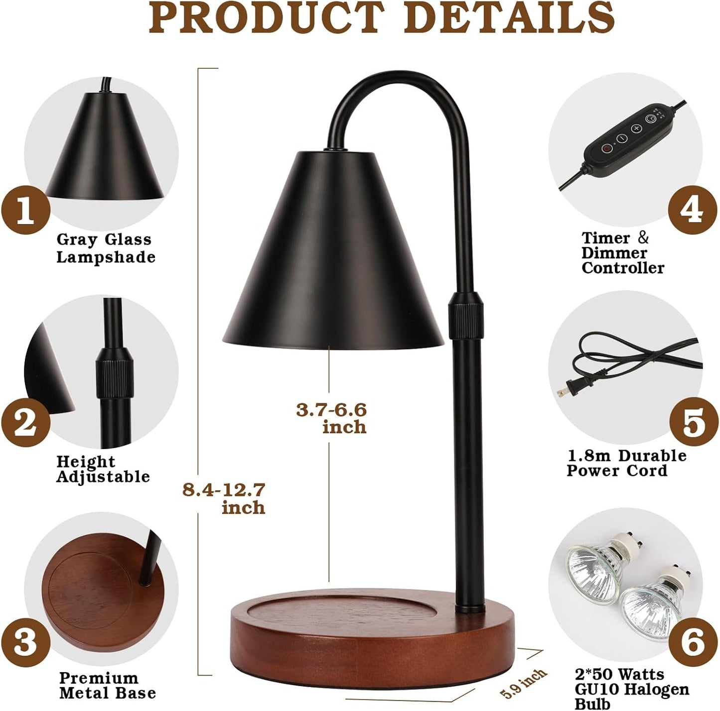 Candle Warmer Lamp with Timer Dimmable, Birthday Gifts for Women Mom, Adiustable Height Modern Candle Warmer Black Candle Lamp for Jar Candle, Home Decor Vintage Wax Warmer with 2 Bulbs