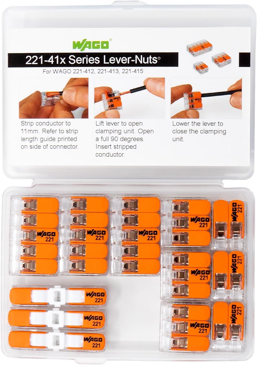 WAGO 221 Lever Nuts 12pc Compact Splicing Wire Connector Assortment with Case | Includes 221-2401, 221-412, 221-413, 221-415
