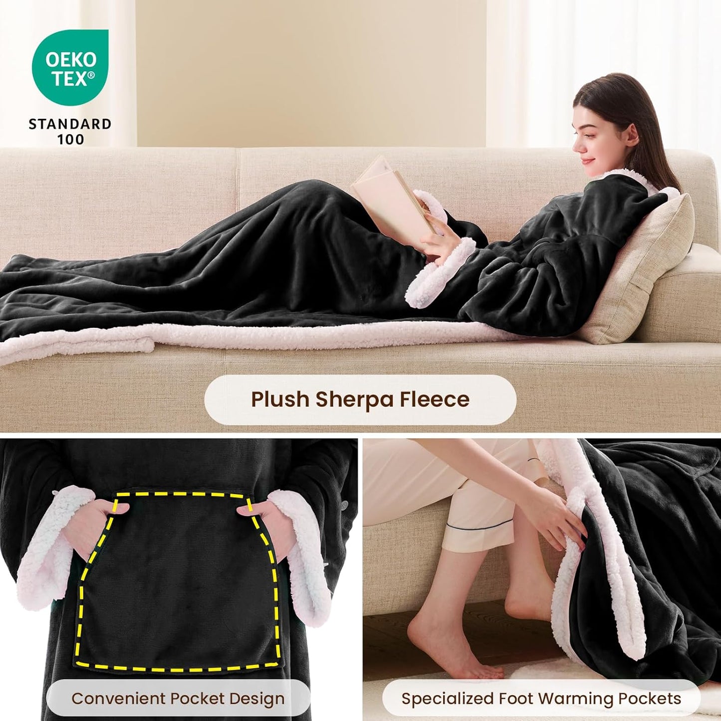 Heated Electric Blanket Wearable Throw - Heated Wearable Robe with Sleeves and Foot Pockets - Heating Blanket with 10-Level Heating Auto-Off Flannel Heated Hoodie for Adults(50''x75'', Black)