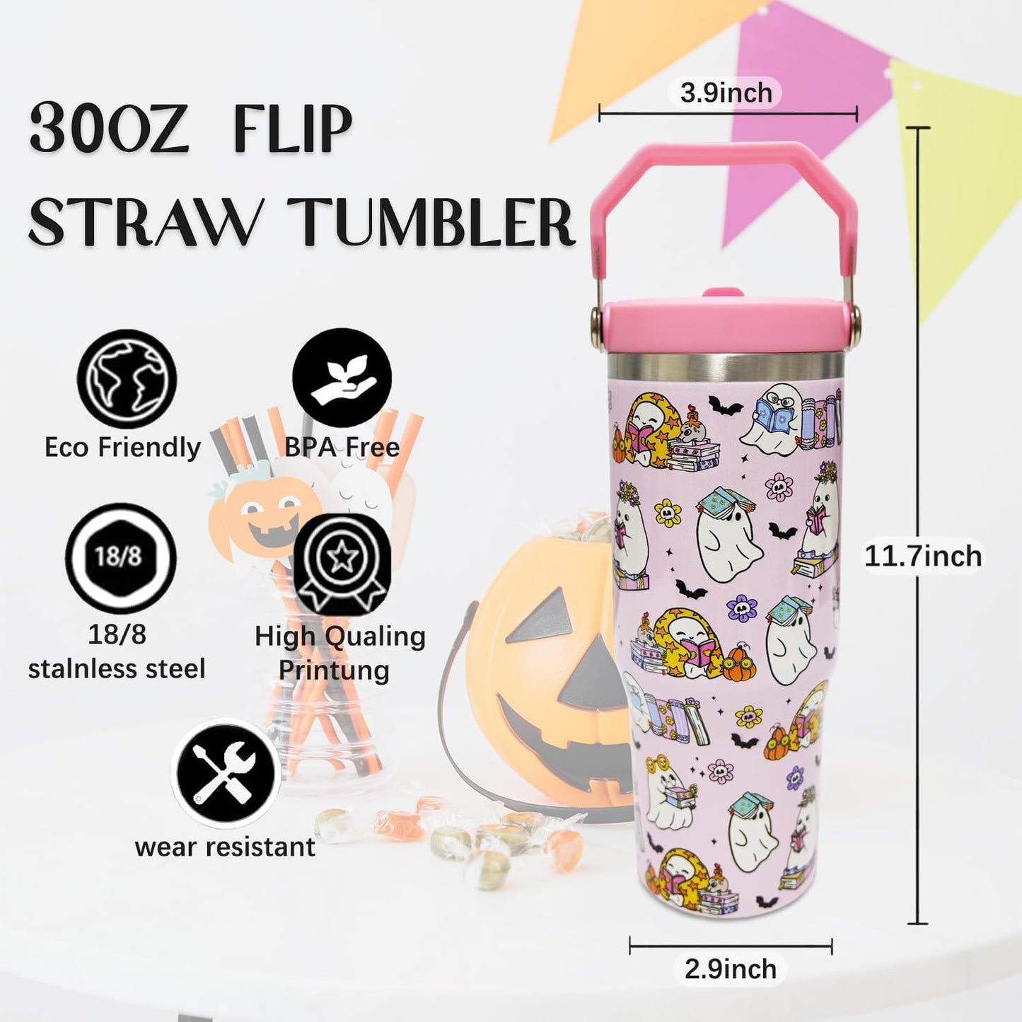 30oz Halloween Tumbler with Handle and Straw, Pink Ghost Insulated Tumbler, Leak Proof Travel Coffee Mug, Reusable Stainless Steel Ghost Tumbler, Halloween Gifts for Women (pink white)