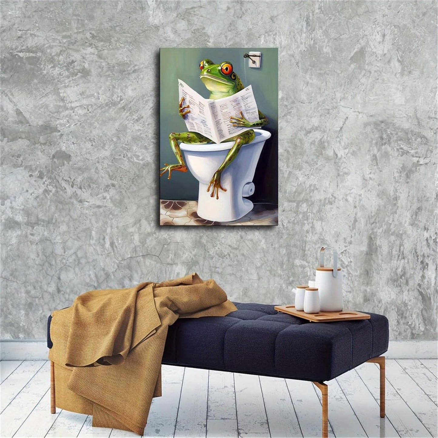 Funny Bathroom Hand Painted Happy Frog Reading Book Canvas Wall Prints poster Modern Home Aesthetic Decor Wall art for Bedroom Dorm (24x36inch Framed)