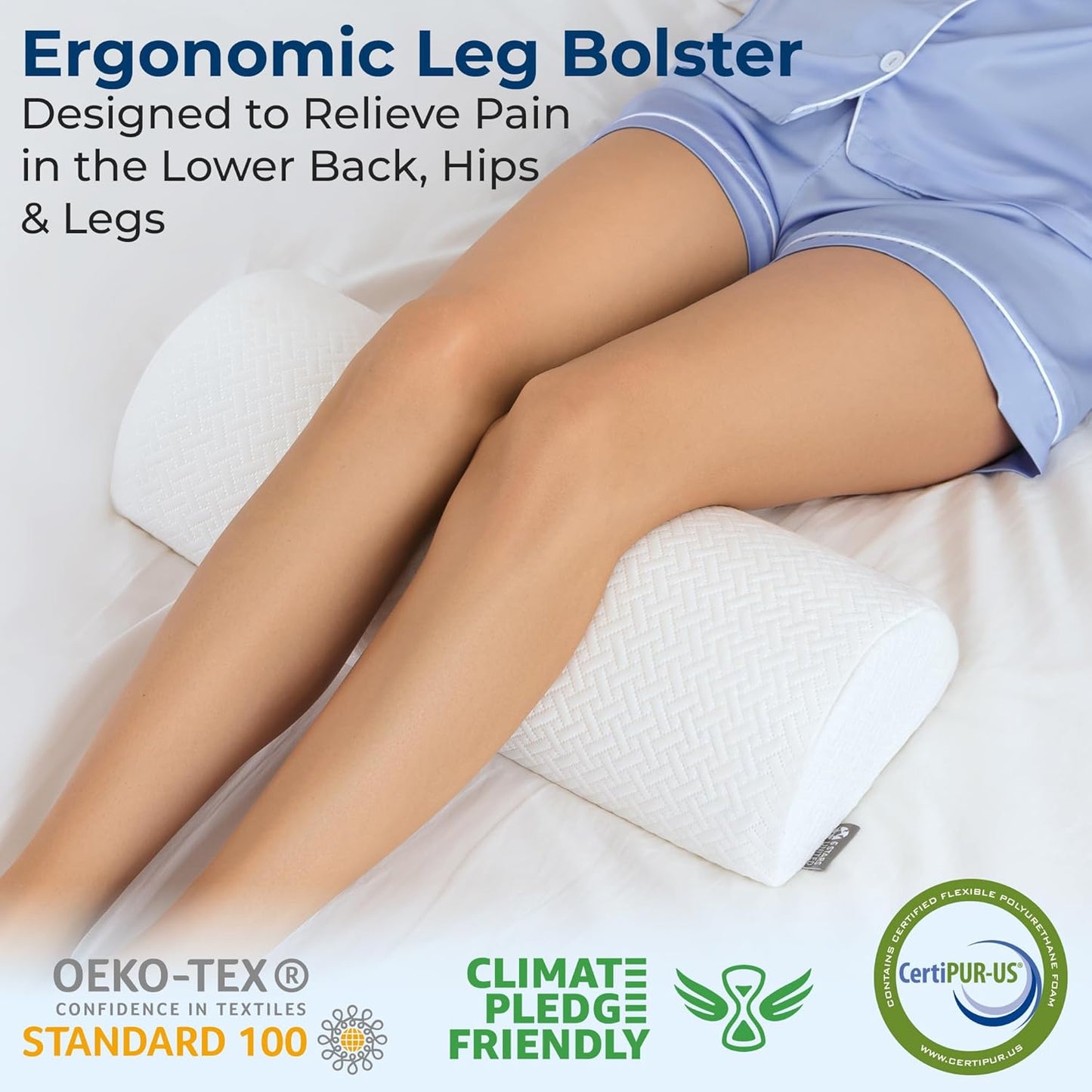 5 STARS UNITED Knee Pillow for Back Sleeping – Memory Foam Cushion for Sciatica Pain Relief – Under Leg Support for Sleeping on Back – Half Moon Bolster for Bed, White