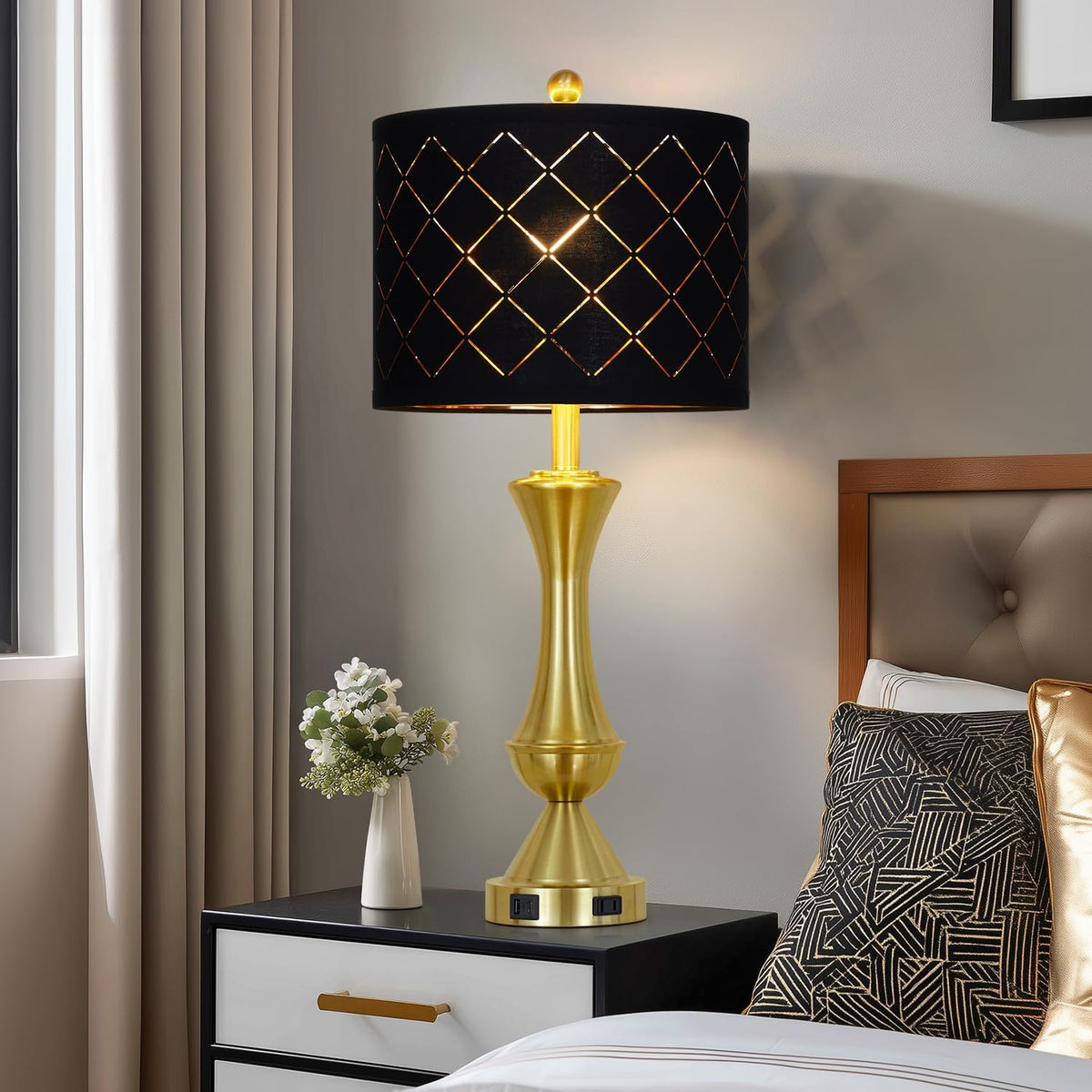 29" Gold Modern Table Lamps Set of 2, 3-Way Dimmable Touch Lamps for Nightstand with USB A+C & Outlets,Brass Lamps for Living Room, Bedroom, Nightstand, Entryway(2 Bulbs Included)