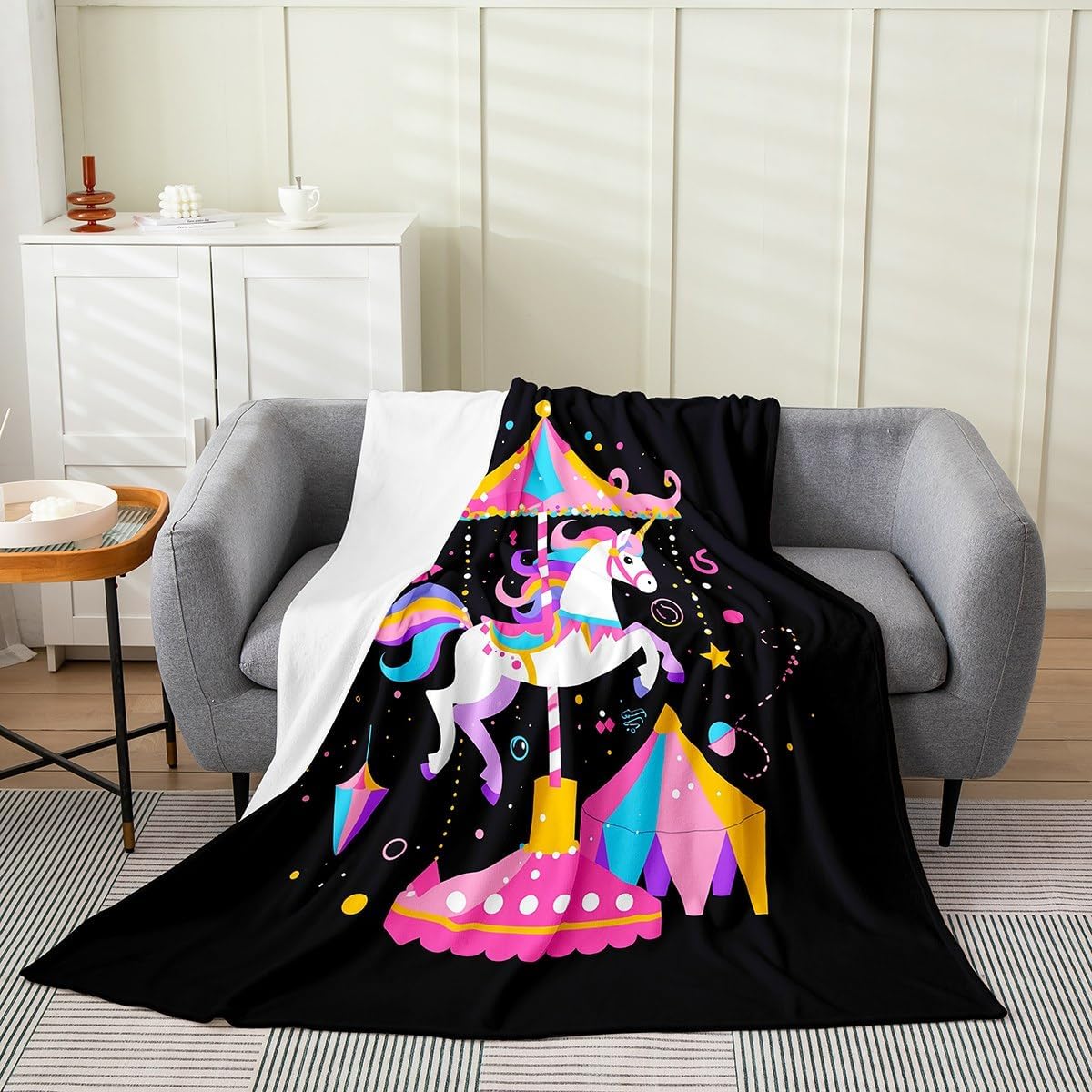 Erosebridal Cartoon Unicorn Fleece Blanket 40x50 Rainbow Throw Blanket Magical Animal Blanket Horse Carousel Flannel Blanket for Bedroom Living Room for Kids Boys Girls Lightweight