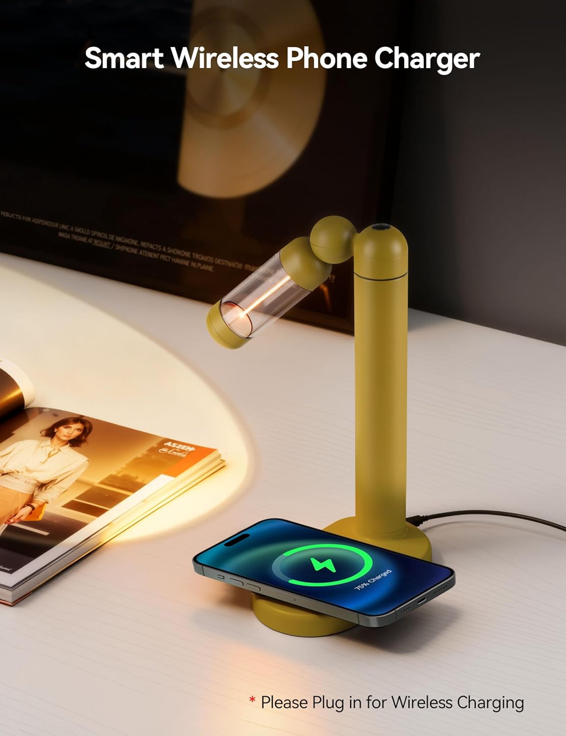 Tubicen Table Lamp Flexible Focus Spotlight Desk Light with Wireless Charger Station 3000mAh Battery Rechargeable Cordless Nightstand Reading Lamp Rotatable Dimmable Modern LED Desk Lamp Yellow
