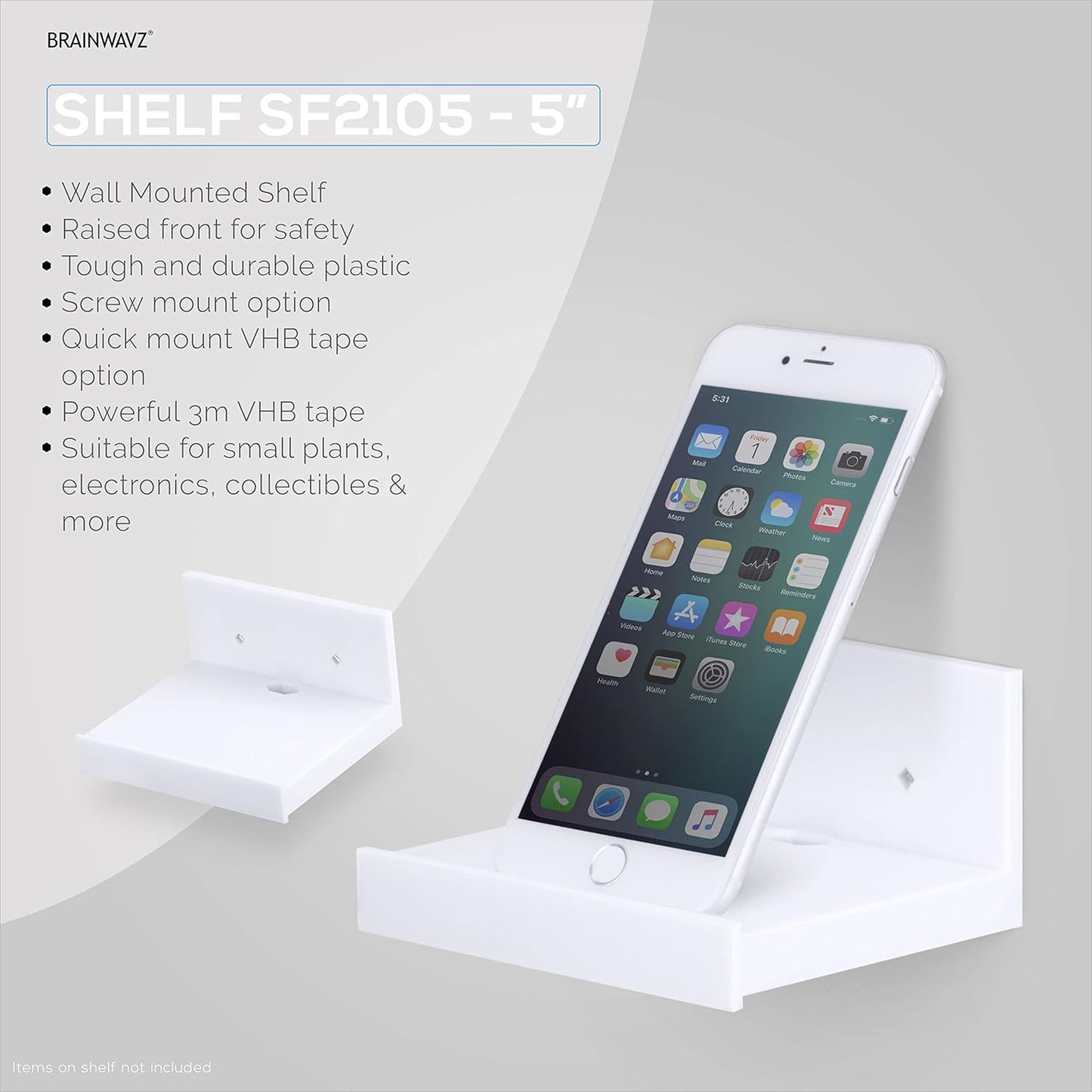 5” Small Floating Shelf, Adhesive & Screw In, For Bluetooth Speakers, Cameras, Plants, Toys, Books & More, Easy to Install Shelves, By Brainwavz (SHELF SF2105, White)